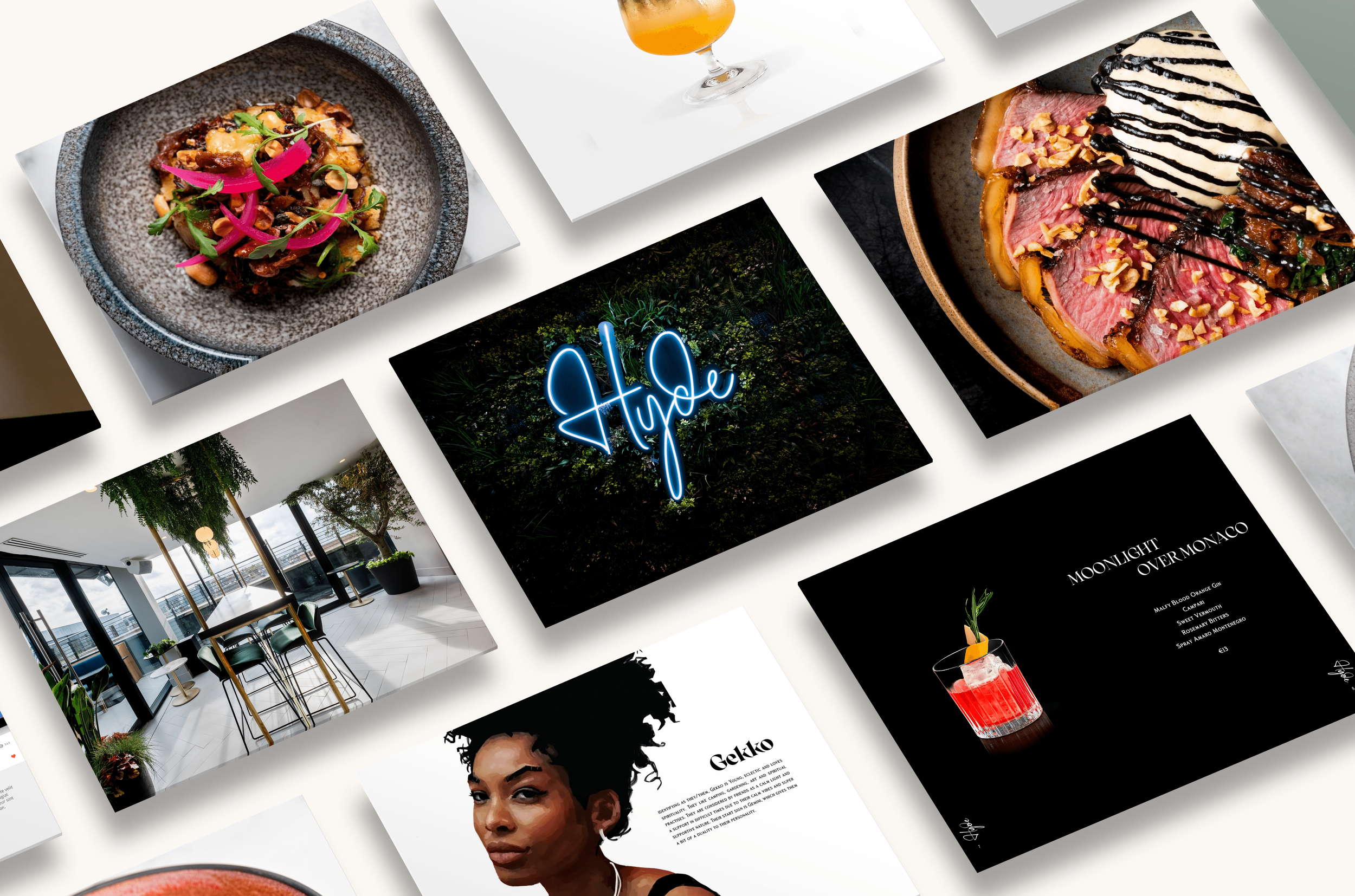 A collage of images including a dish with roasted meat, a cocktail, a modern interior space with chairs and windows, and a blue neon sign that says 'Hope' among greenery.