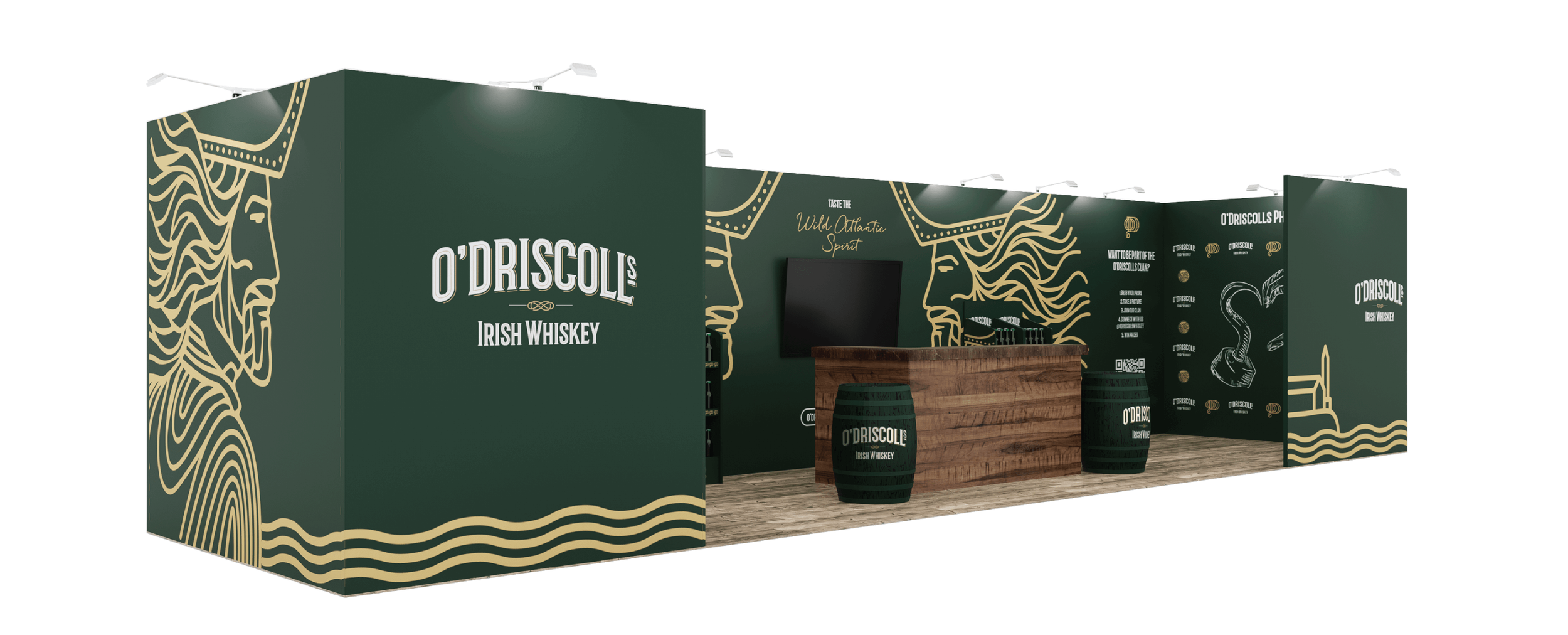 Trade show booth for O'Driscoll's Irish Whiskey with dark green walls featuring gold outline images, including a woman's face and a whiskey bottle. Platform with a bar counter and whiskey barrels displaying brand name.