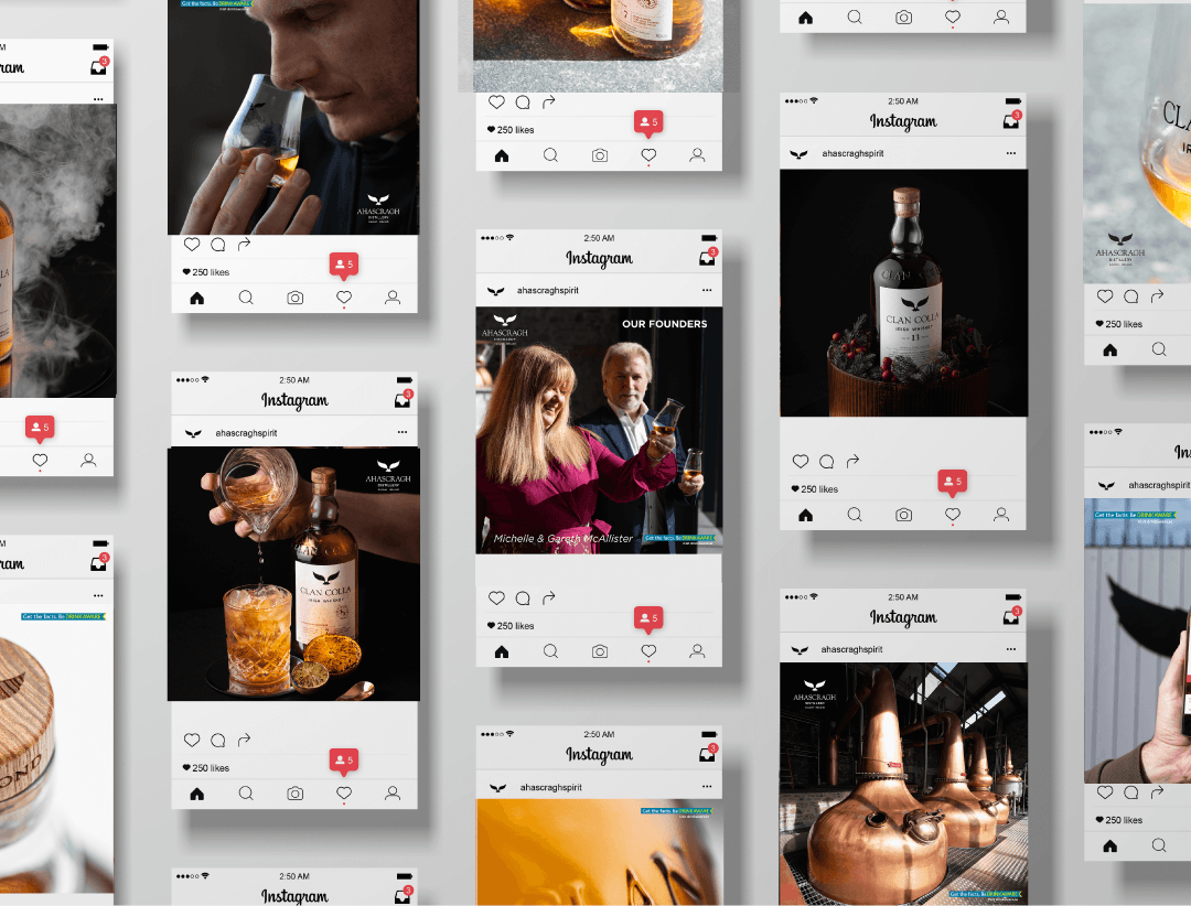 Multiple Instagram posts featuring whiskey bottles, glasses with whiskey, and people enjoying whiskey.