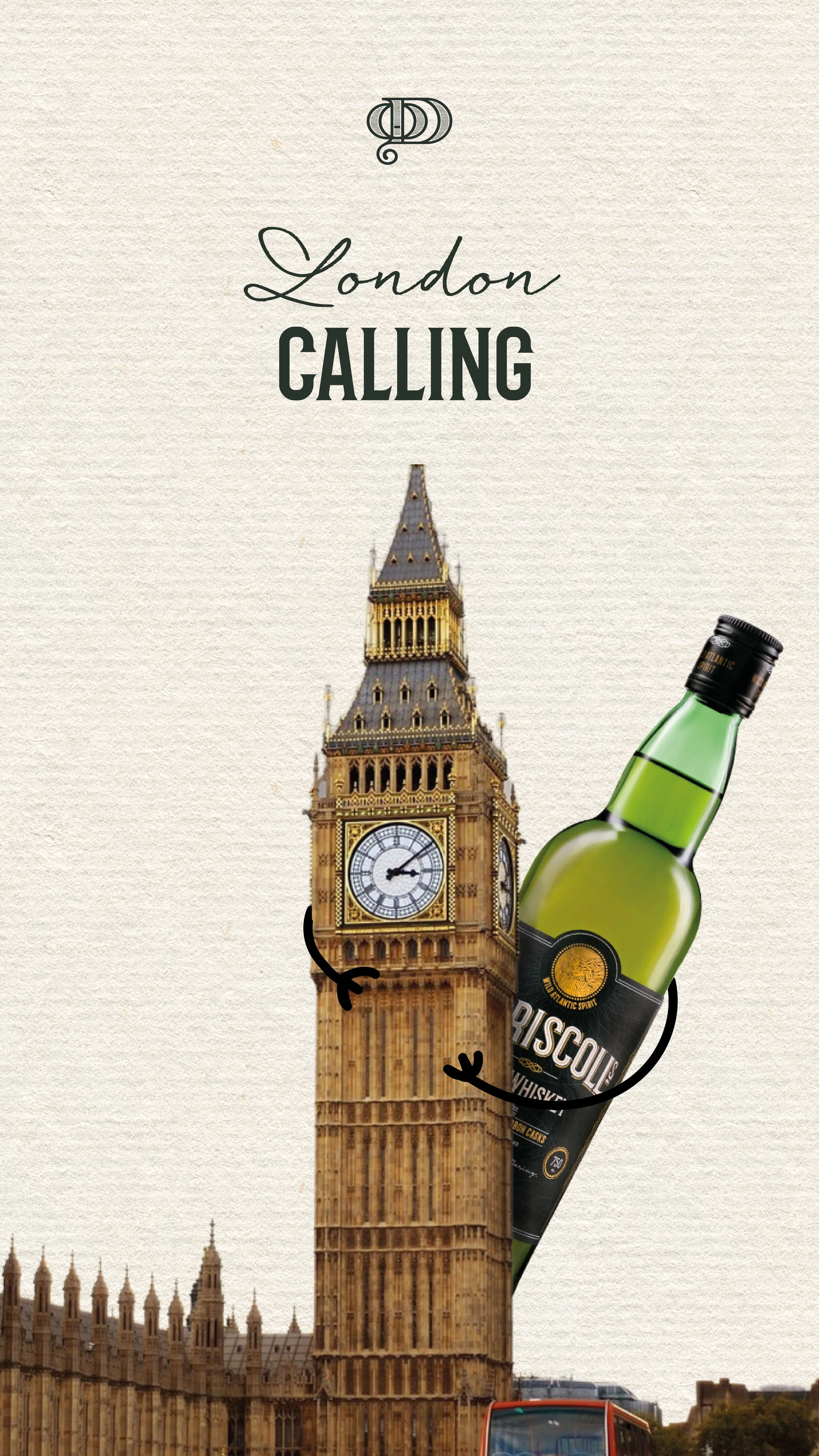 Illustration of Big Ben with cartoon arms hugging a bottle of whisky labeled 'Riscous' and the text 'London Calling' at the top.
