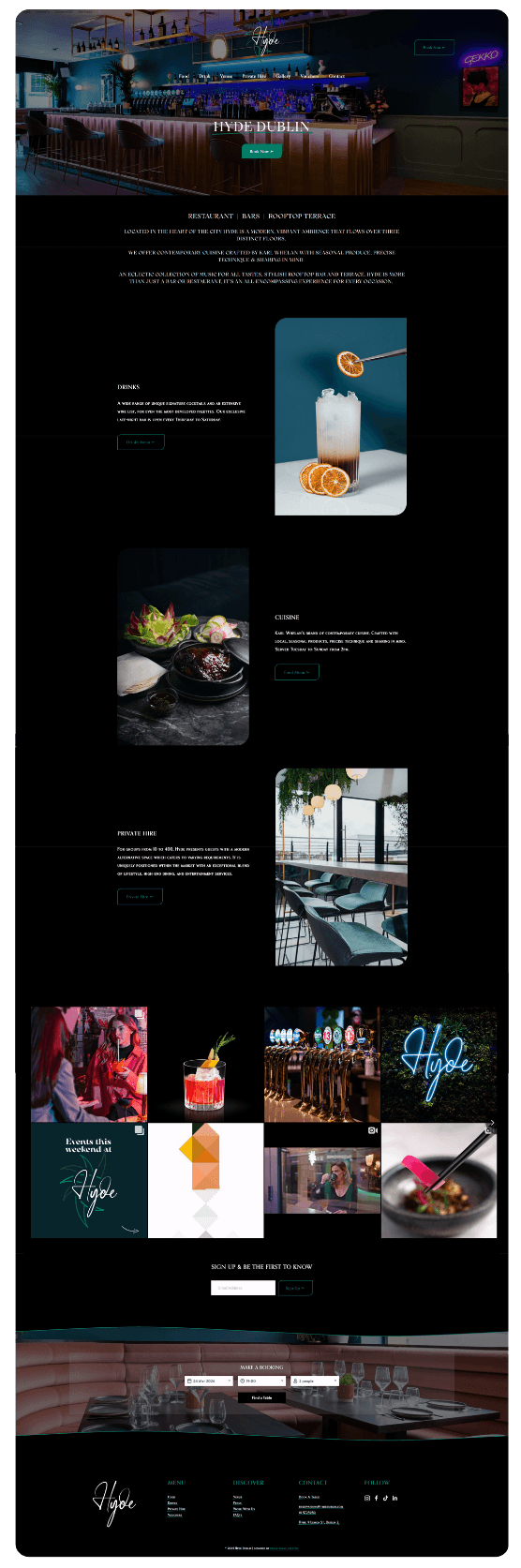 A website homepage for Hyde Dublin, showcasing a bar with a sleek, modern interior, a section for drinks with a cocktail image, a restaurant area, and colorful images of events, drinks, and the venue.