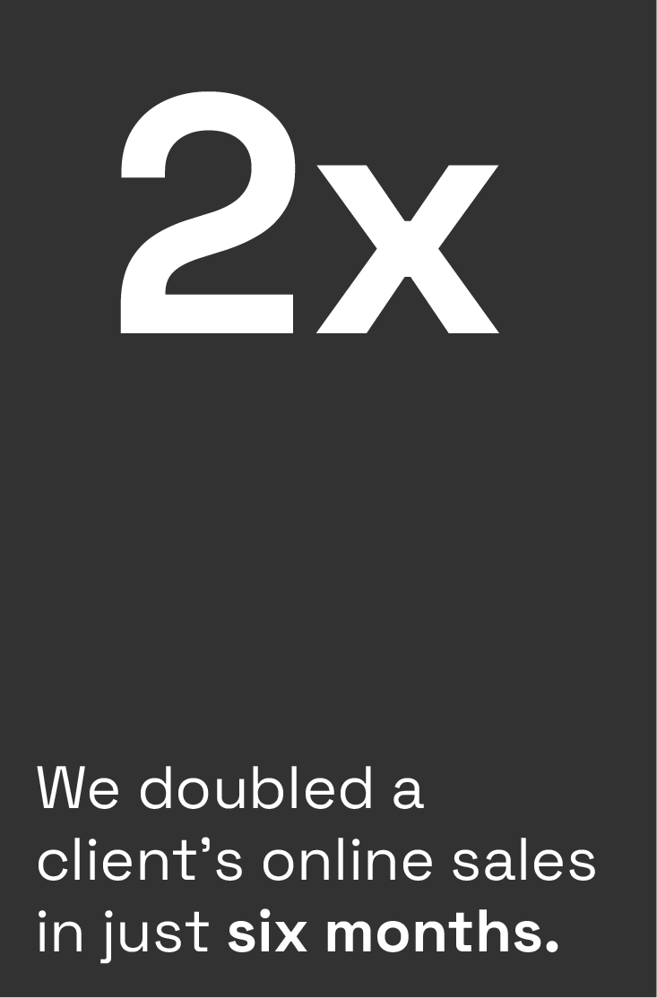 Text stating '2X' and 'We doubled a client's online sales in just six months' with a dark background.