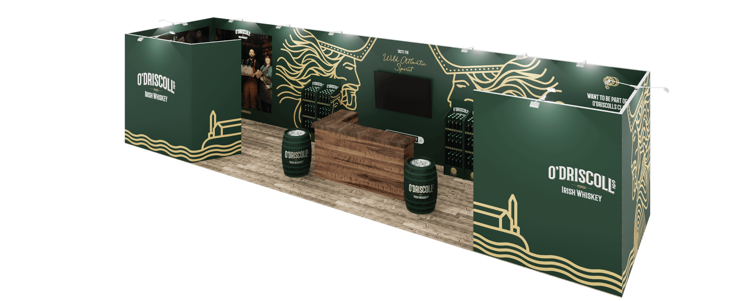 Trade show booth for O'Driscol Irish Whiskey featuring green walls with gold accents, logo, and whiskey barrels, wooden counter, and a wall display with bottles.