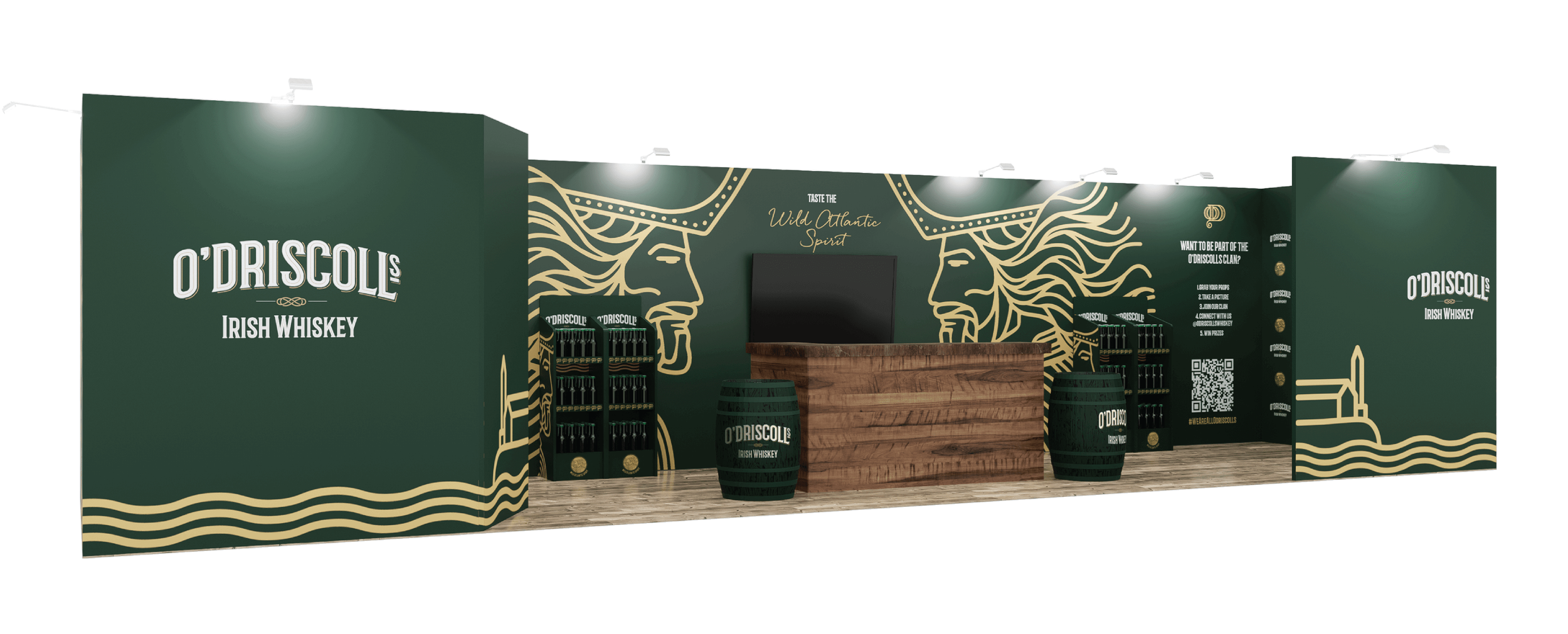 Exhibition booth for O'Driscoll Irish Whiskey featuring green walls, gold accents, the brand logo, and images of a boat and waves, with displays of whiskey bottles on both sides, and a wooden counter in the center.