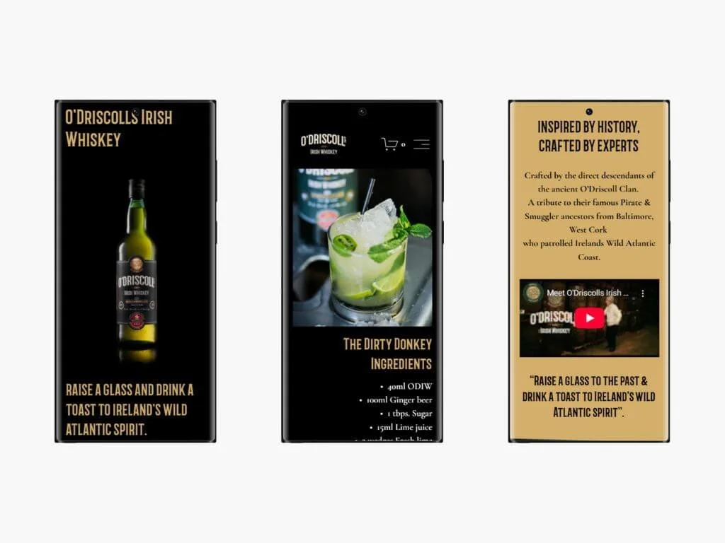 Three vertical digital advertisements for O'Driscoll's Irish Whiskey, a cocktail, and company history, featuring a whiskey bottle, a cocktail glass with lime, and informational text.