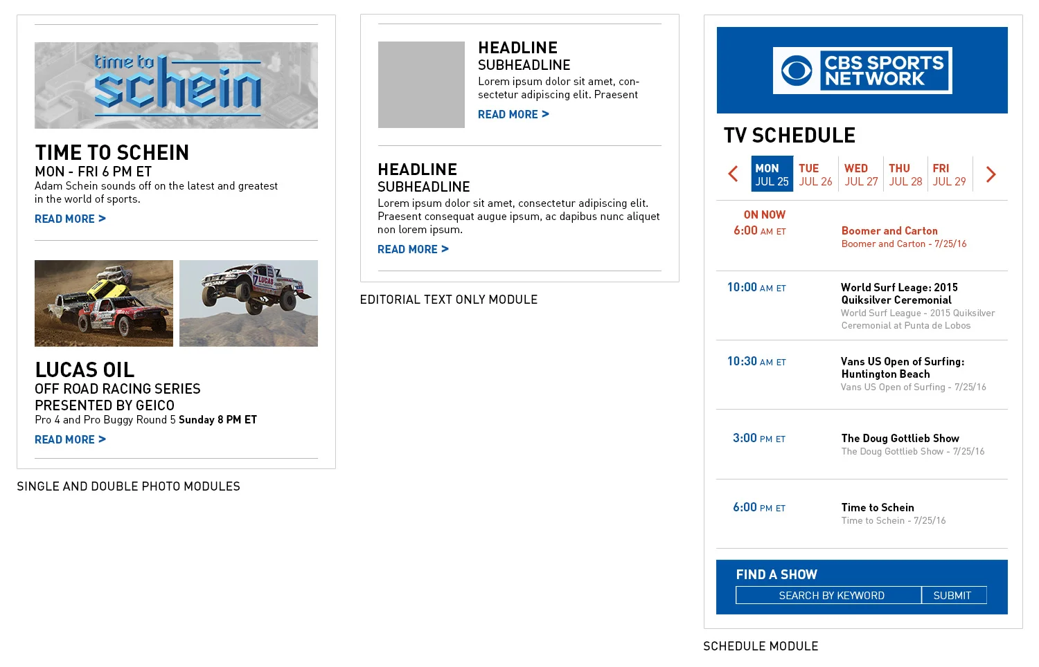 Photo, Editorial and Schedule Modules for Mobile