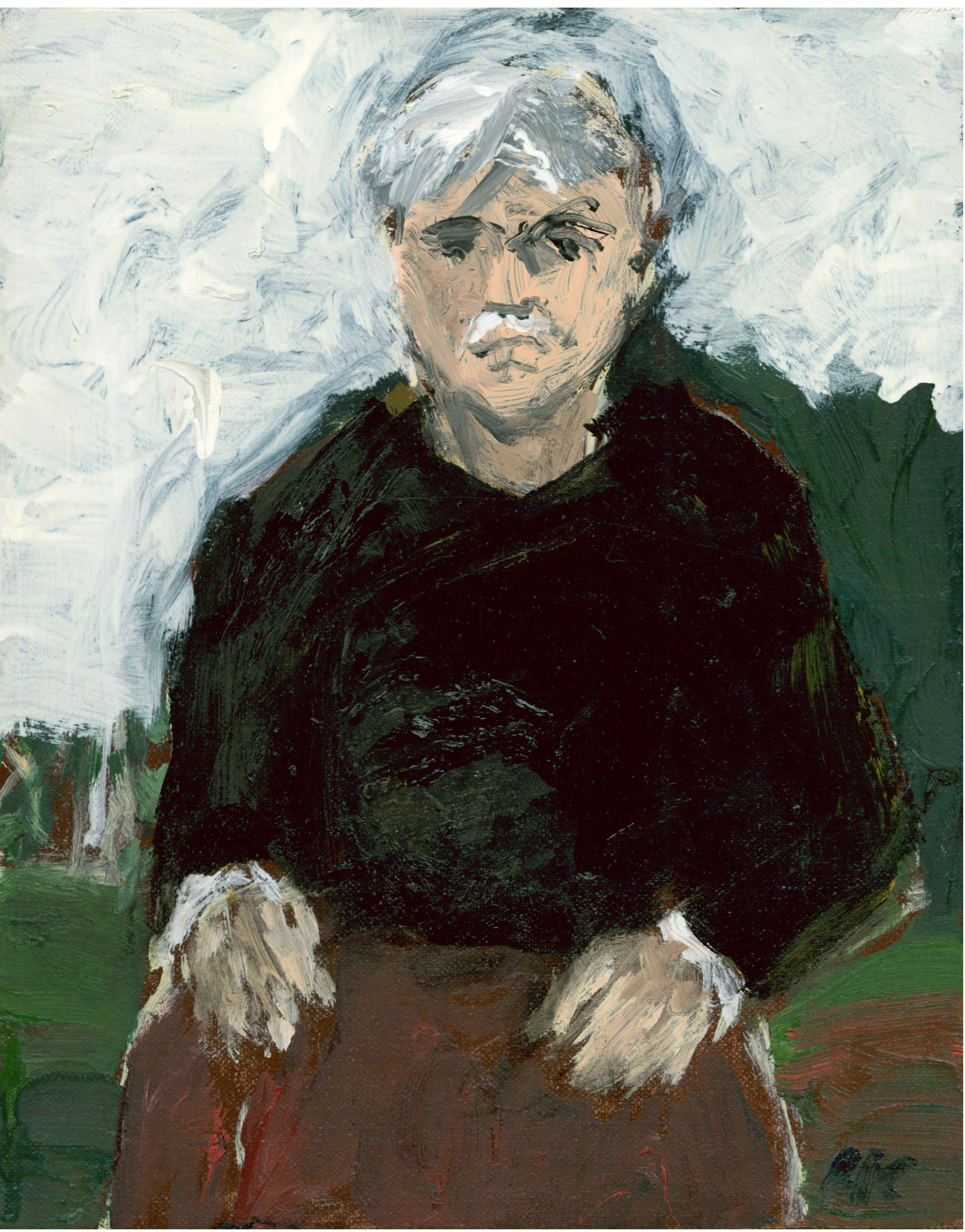  “Man Resting Hands on Chair” 10 x 8 inches, Oil on Linen: $850.			