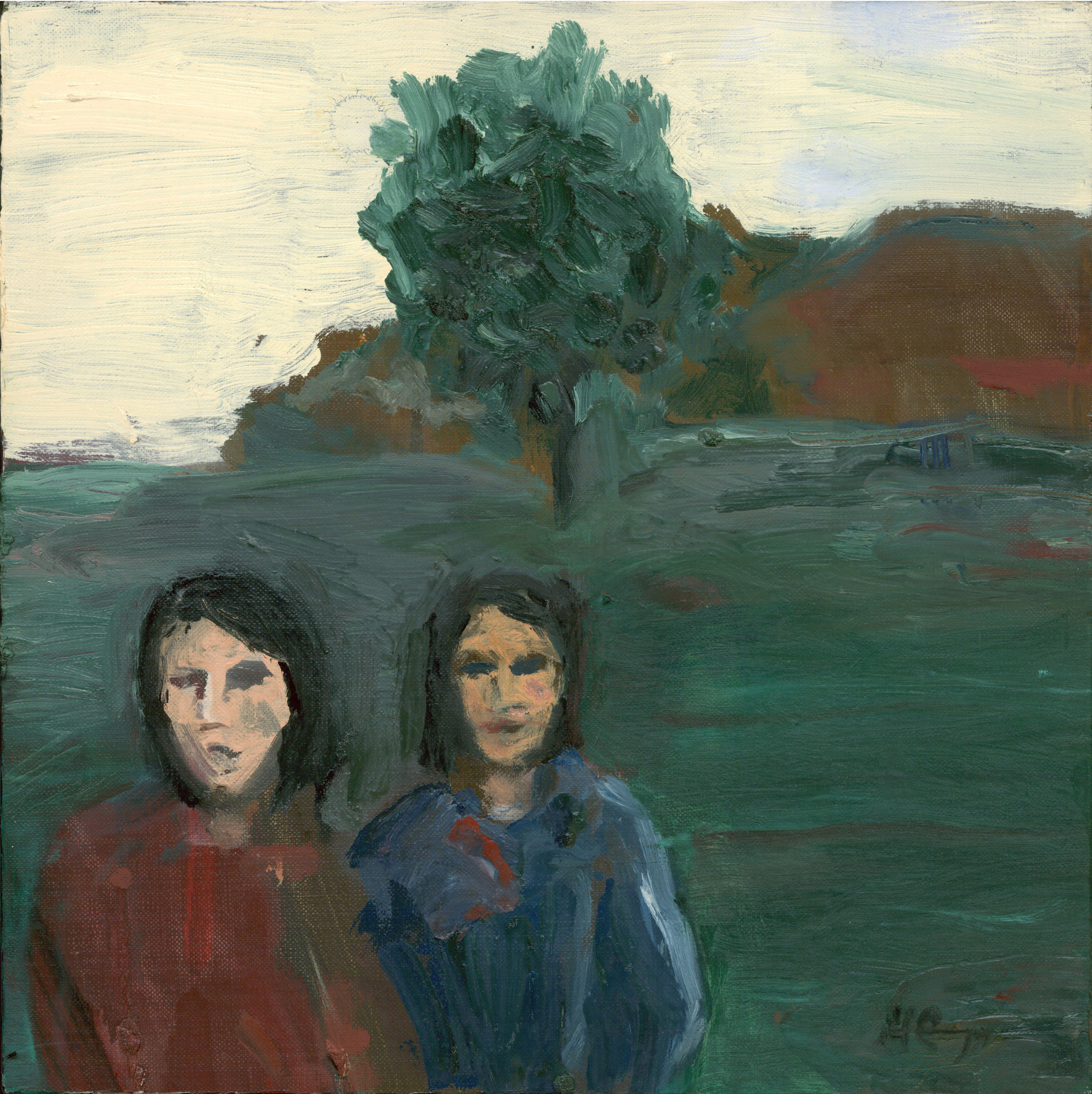 “Two Women in a Landscape”:  12 x 12 inches, Oil on Linen, $950.				