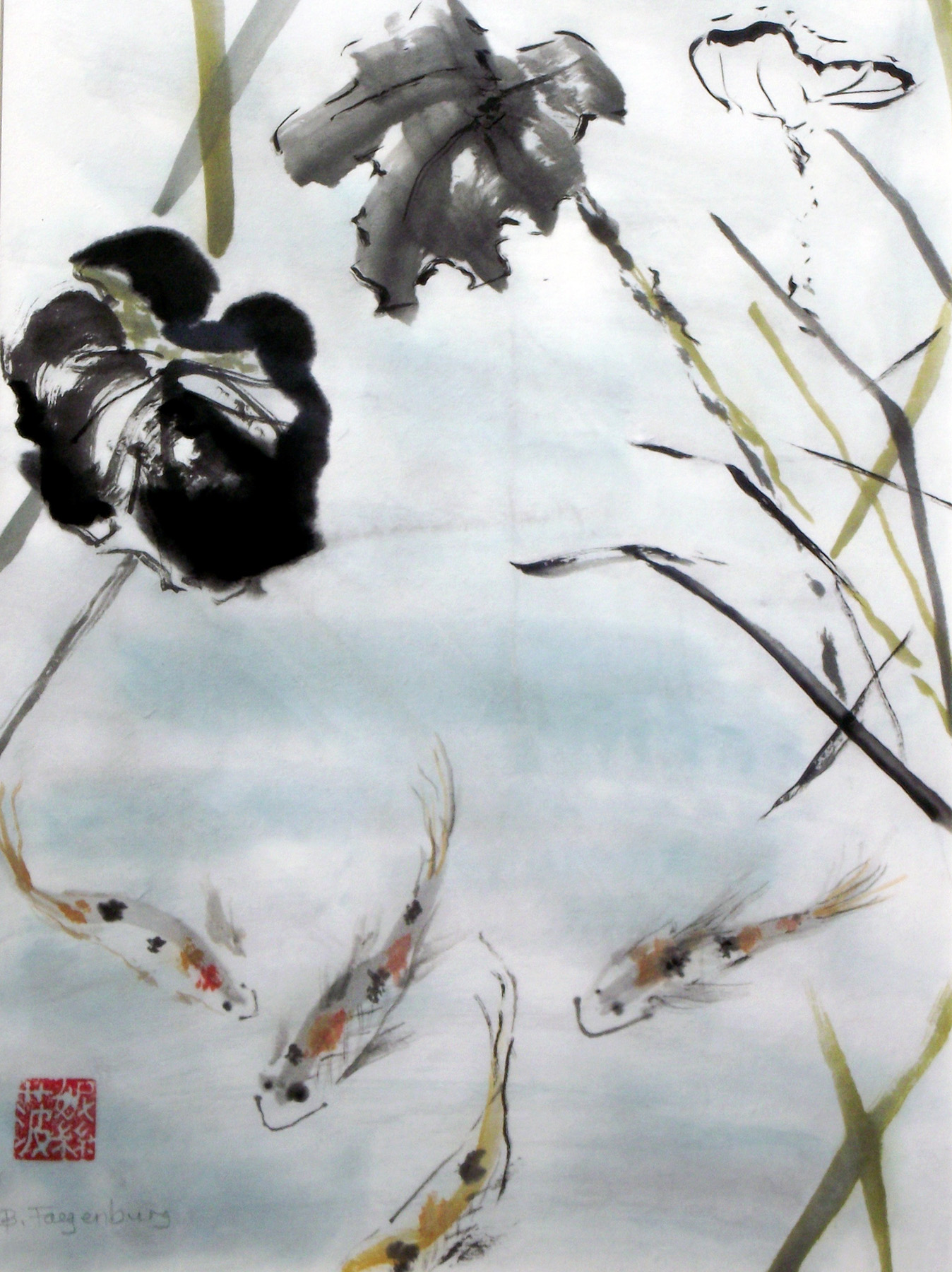 Swimming, 20x24in, Asian brush painting on rice paper