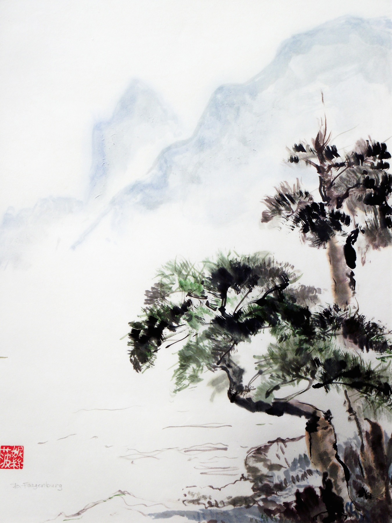  In The Mist, 20x24in, Asian brush painting on rice paper