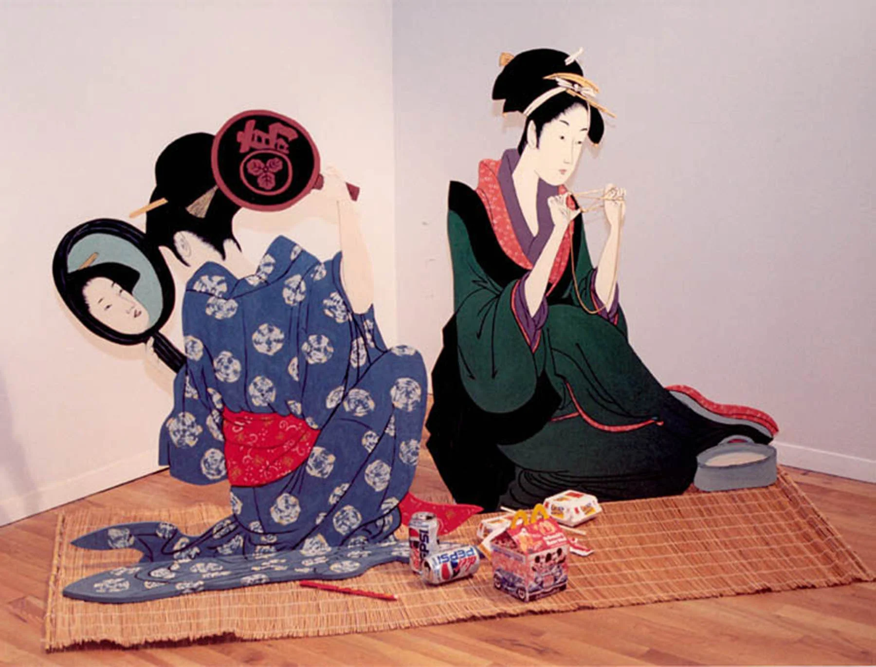 "What Do Geishas Have For Lunch?", Oil on birch cutouts, fast food containers, tatami mat