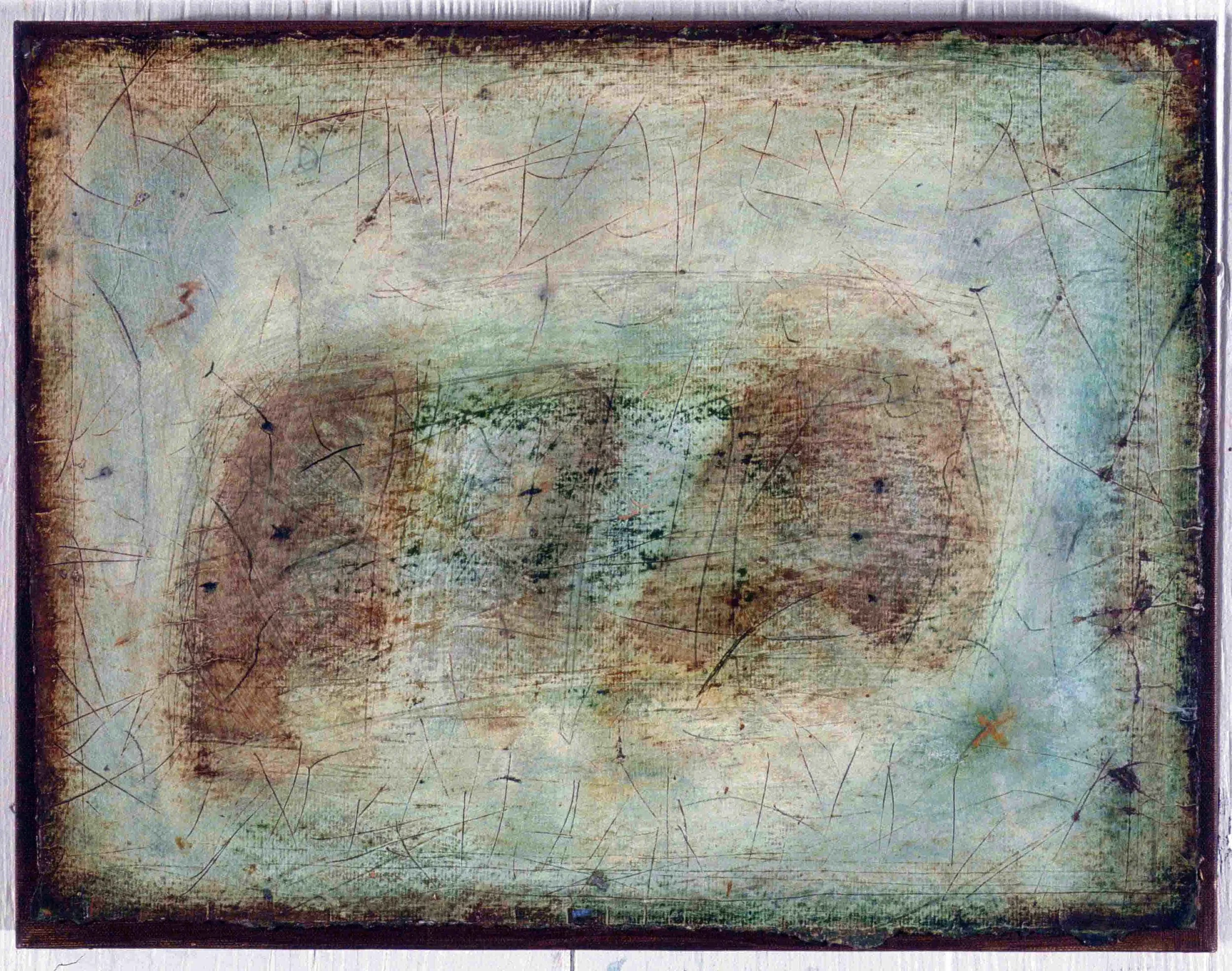 "Scored Surface" Acrylic, crayon on paper on canvas. 14 x18 inches. (Contact Gallery For Price)