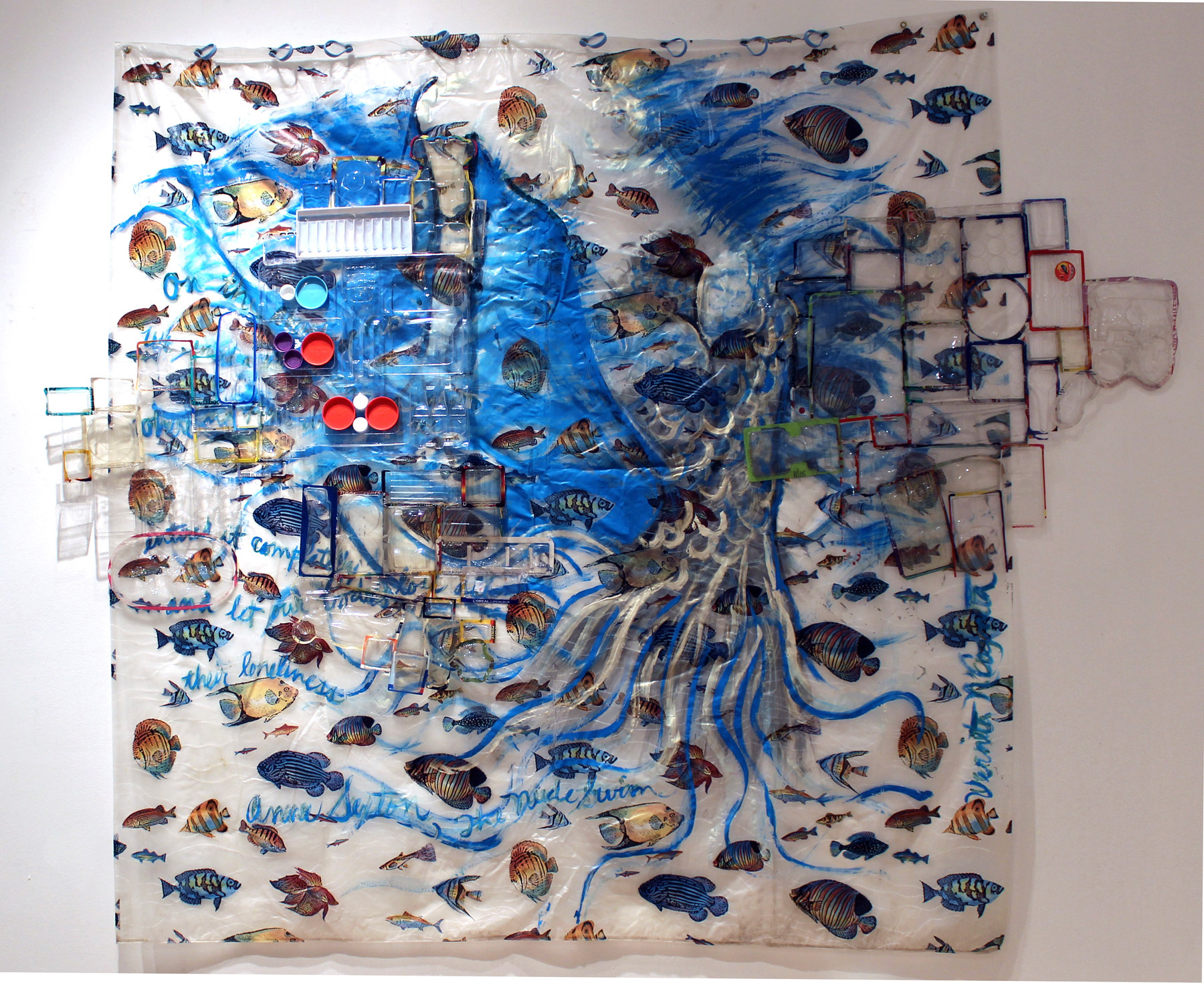 "Swimming Nude" (Anne Sexton poem) shower curtain with acrylic, $200. (Shown here with “Plasticism” sections. (see separate image)