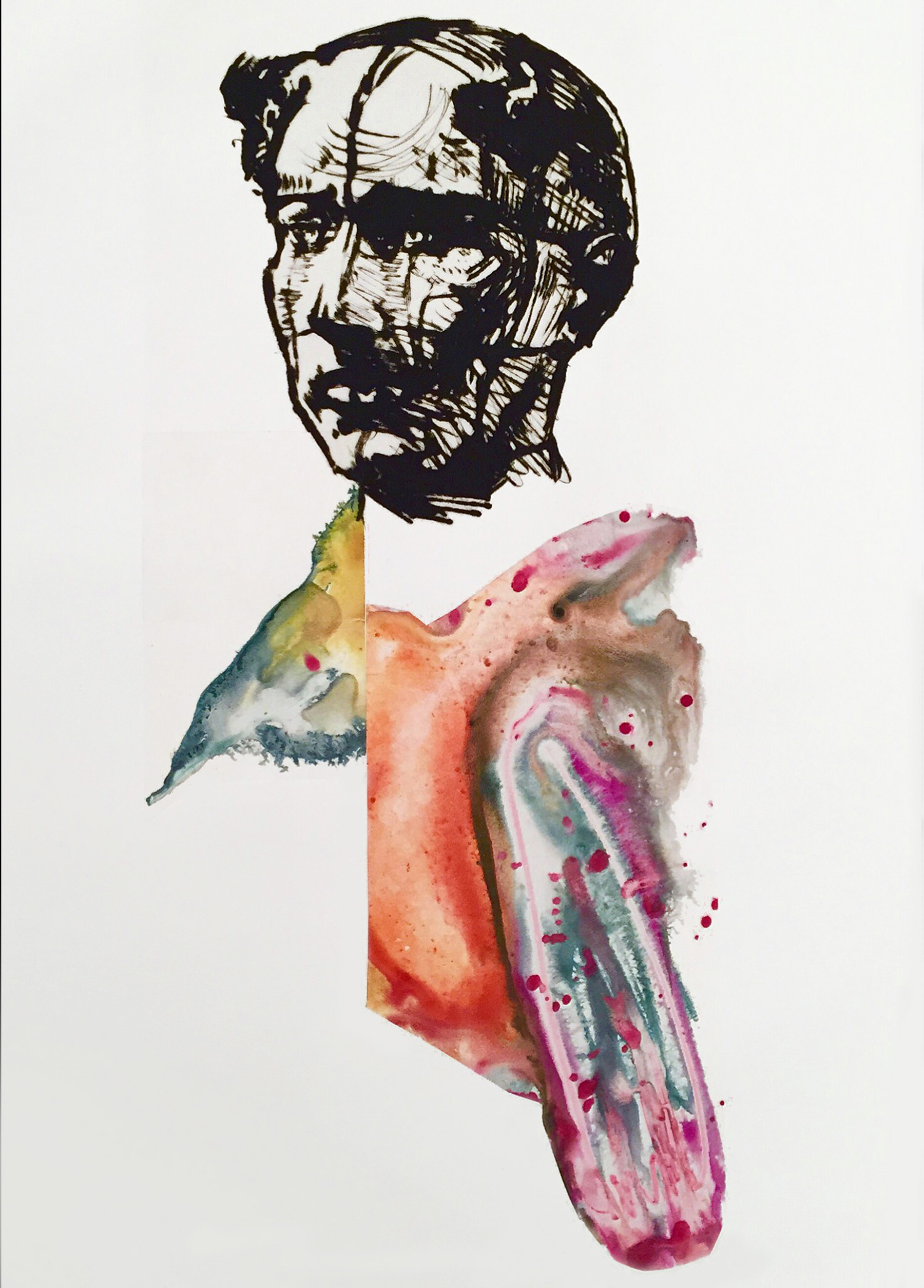 Camille Fly Away. 15" x 22”. Monoprint: Drypoint with watercolor monotype.