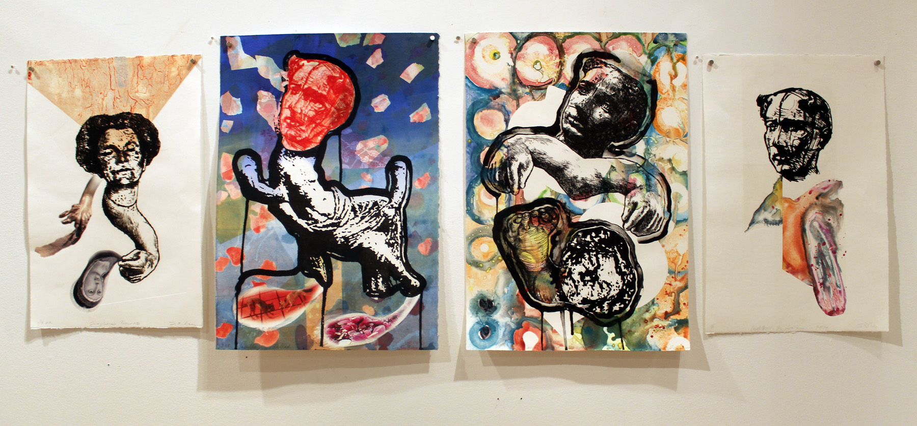 Photo of 4 mixed-media prints from the Camille Claudel Series on display at Viridian Artists.