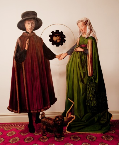 "THE ARNOLFINIS AND US", Life size painted wood cutouts in 4 parts