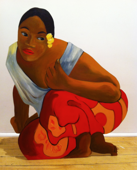 "AFTER GAUGUIN/NAFEA FAA IPPIPO". lifesize painted wood cutout based on a Gauguin painting, 30" x 25", $4000.00