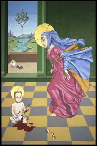 “Our Lady of Perpetual Aggravation", Acrylic on Canvas over Wood, Metal, Plastic and Cloth, 21 x 17 ½ x 2 inches, $1,400