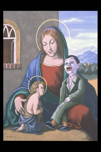 "The Virgin and Skippy with the Young St. John the Baptist", Acrylic on Canvas over Wood, Antique Metal Frame with Electric Lights, 14 x 12 inches (framed), $800