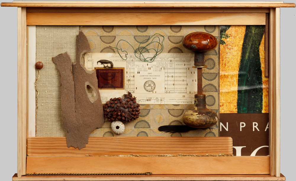 Colonel Mustard, Mixed Media, including: various woods, fabrics, paper, sycamore bark, wire, doorknob, DOD punch card, bronze spill, dried orange, cloves, urchin shell, pull chain, feather (In which we add to life's mysteries.), 2011, 17"w x 11.5"h x 3.5"d, $1200.