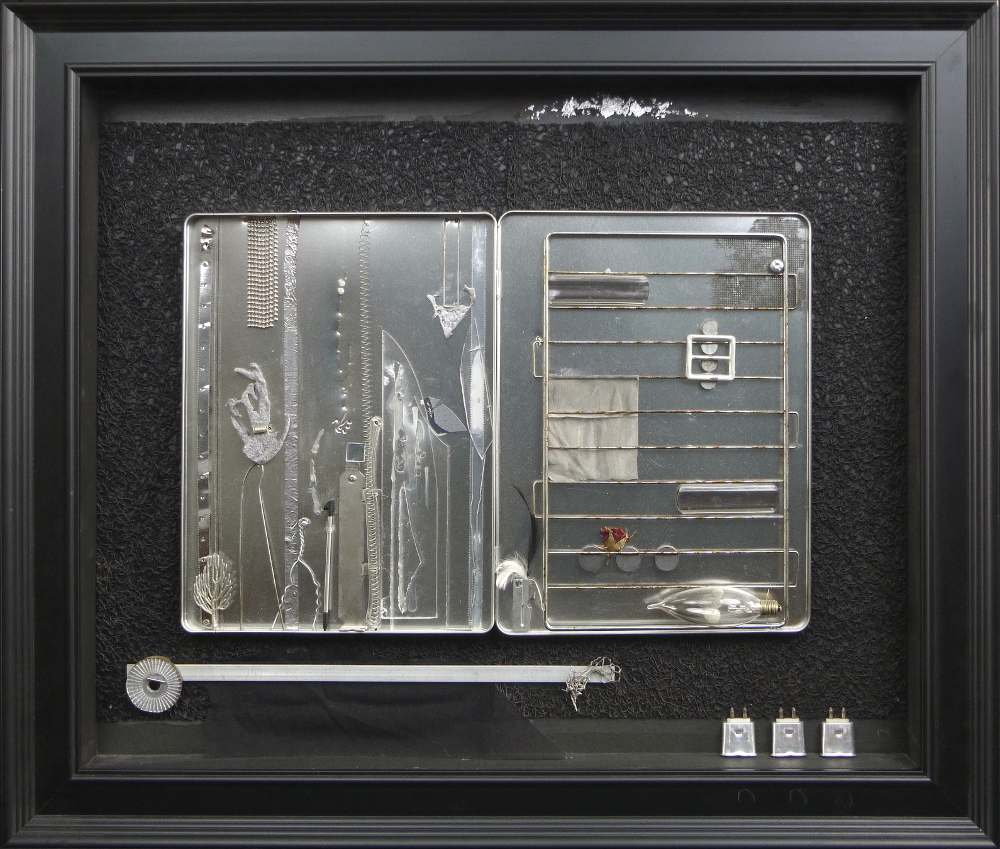   Enjoy the Interval   Mixed Media, including: various metals, plastics, rubber, silver leaf, feather, dried rosebud, 2015, 27.5”w x 23.5”h x 2.25”d, $1250. 
