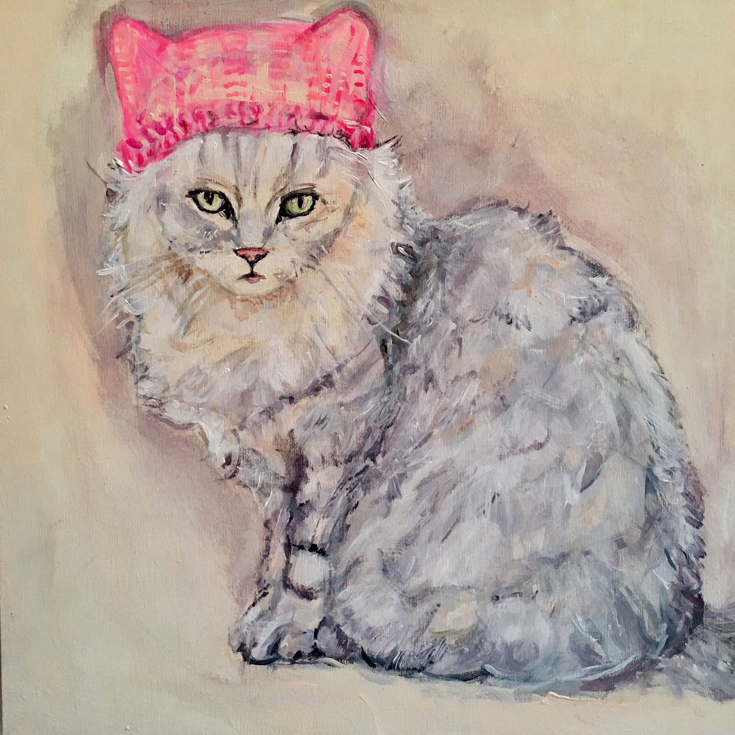  12 x 12 inch painting of a fluffy grey cat wearing a pink pussy hat: Acrylic on wood  SOLD 