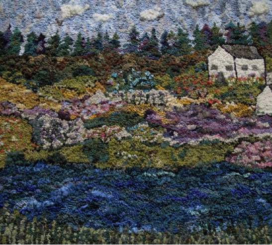 MARY TOOLEY PARKER, HOUSE ON THE HILL (2013), WOOL AND OTHER FIBERS ON LINEN, 30 X 33 INCHES
