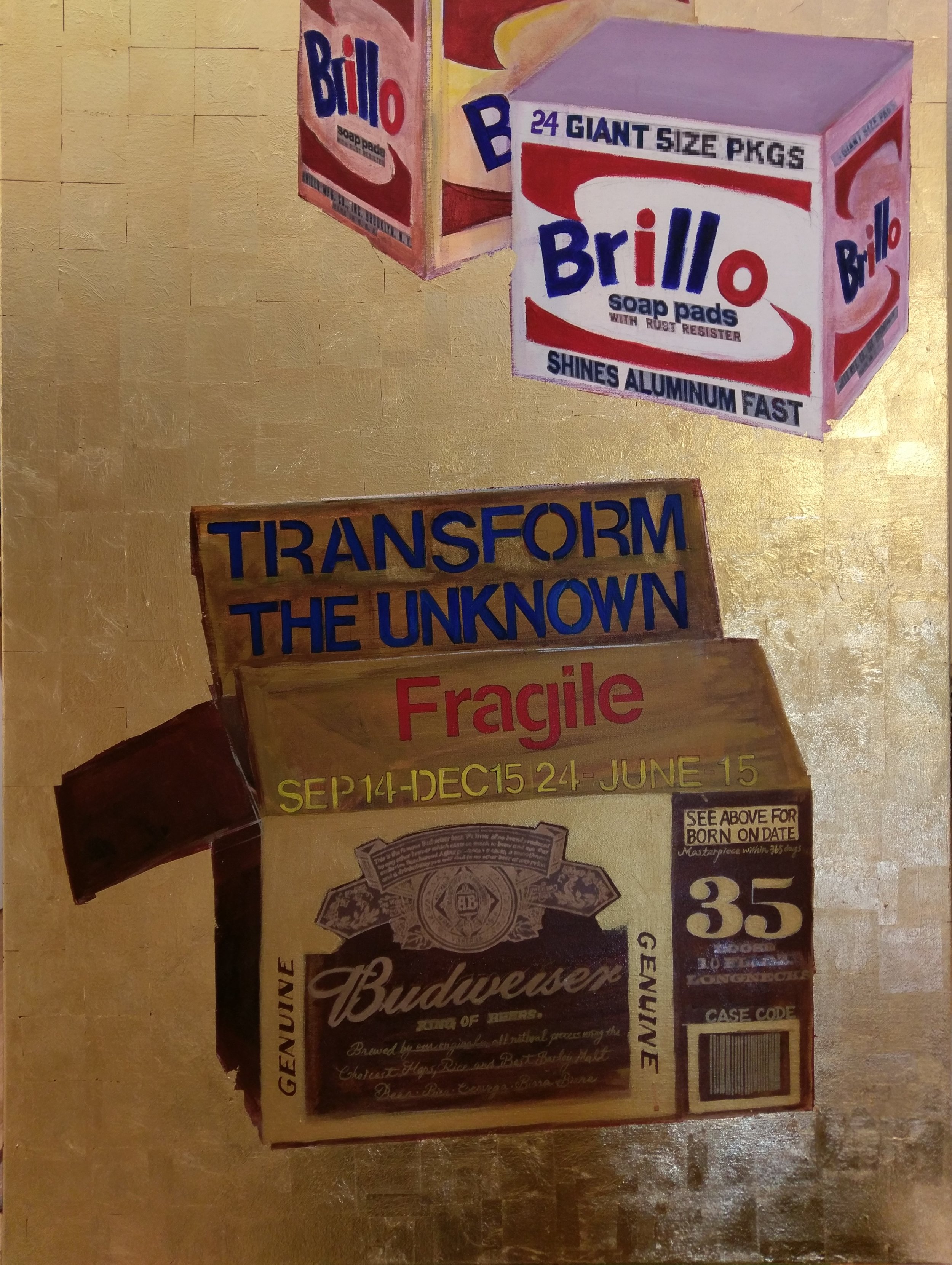 “Transform the Unknown: If Danh Vo were Andy Warhol”. Oil and collage on canvas, 36” x 48”, $4,800 