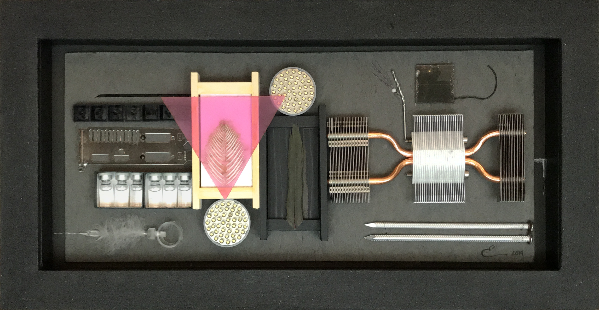   In Which She Considered Options   2019, 21.5"w x 9.5"h x 2.5"d, Mixed Media including various metals, wood, plastic, heat sink, cardboard, LED bulbs, feathers, glass, saline solution vials, keyboard keys, aluminum gutter nails, drill bit, paint, wi