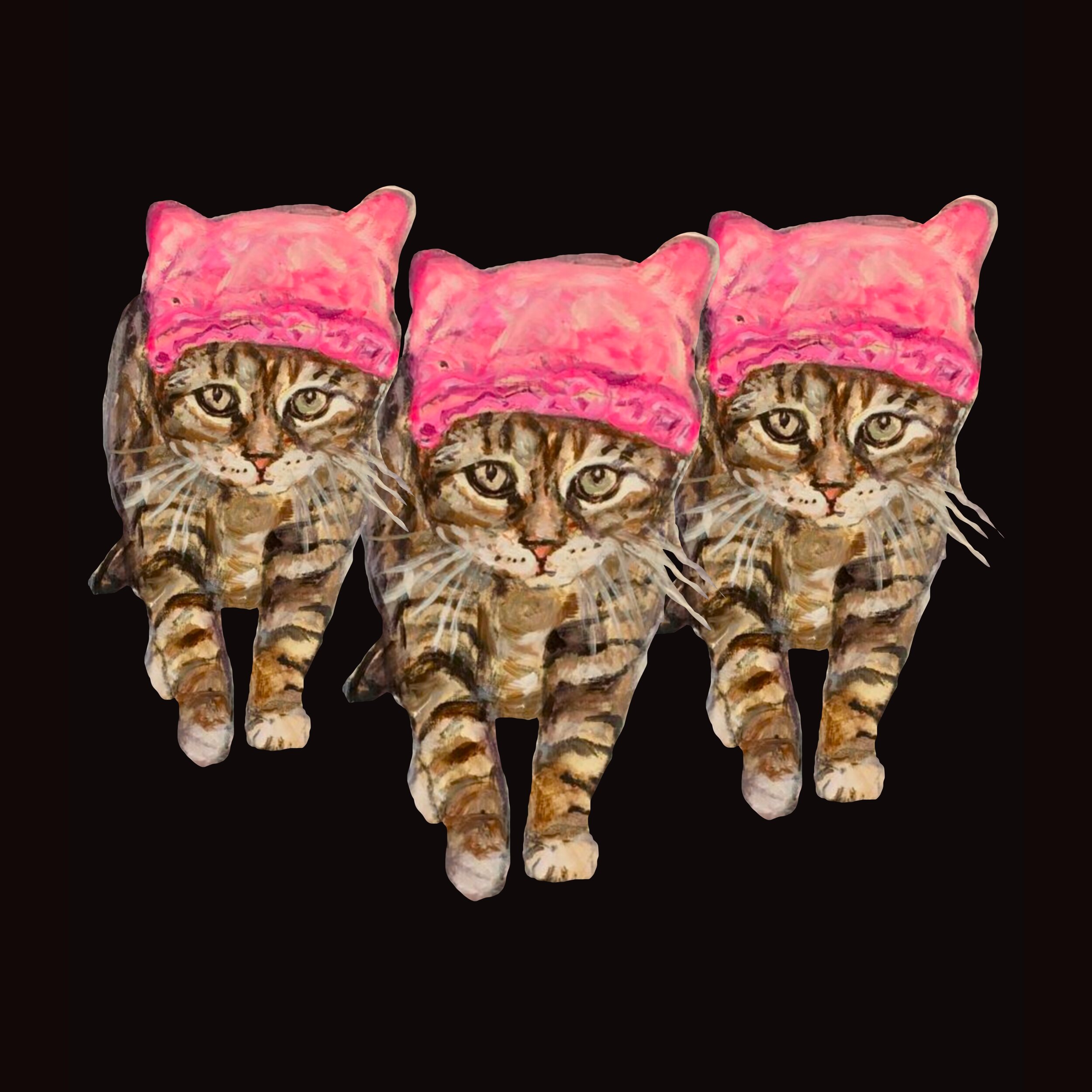 The Revolution is Feline, 2020, 12 x 12 inches, Giclée print stretched on canvas, Artist proof,  $300 3 cats marching with pink hats 