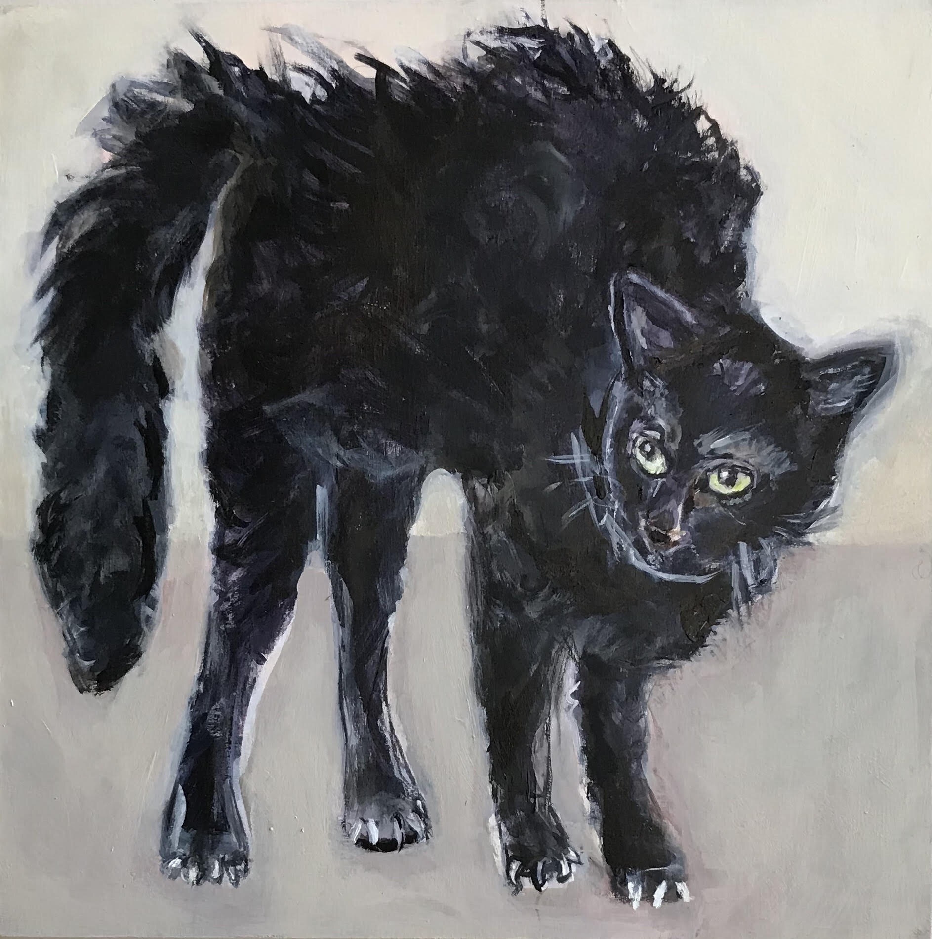  “Static Chaos” 12 x 12 inches; Pigment, ink and gouache  $375.  Painting of a frightened black cat 