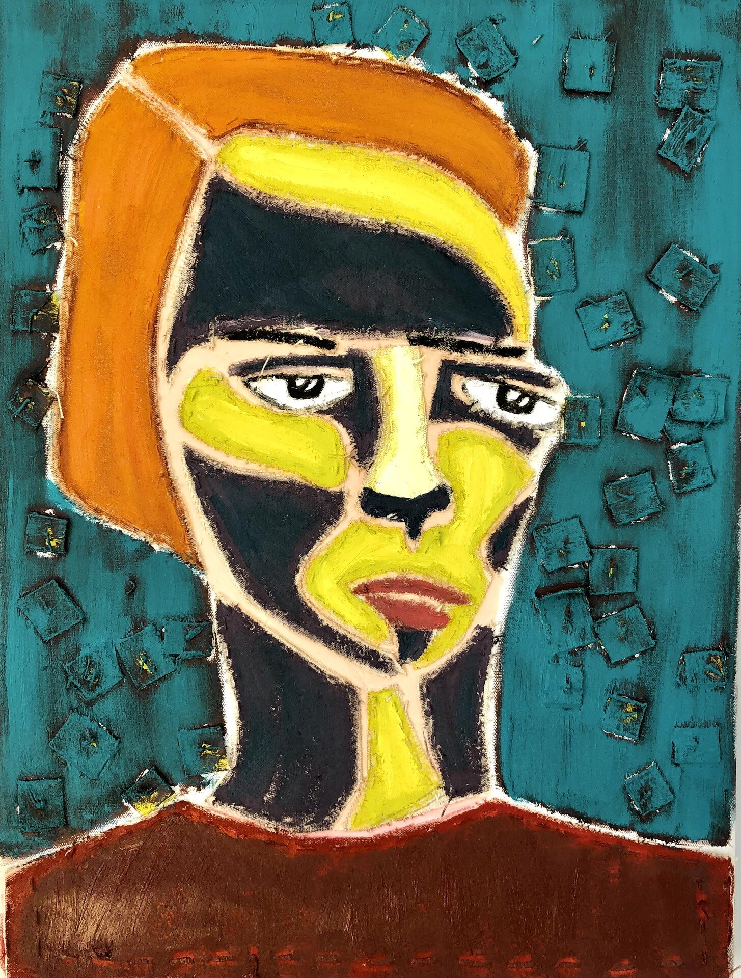   Susan Miller Zelenak  “Fragmented Face with Orange Hair” 24" x 18" x 1"; Oil, canvas, waxed thread  $1000. 