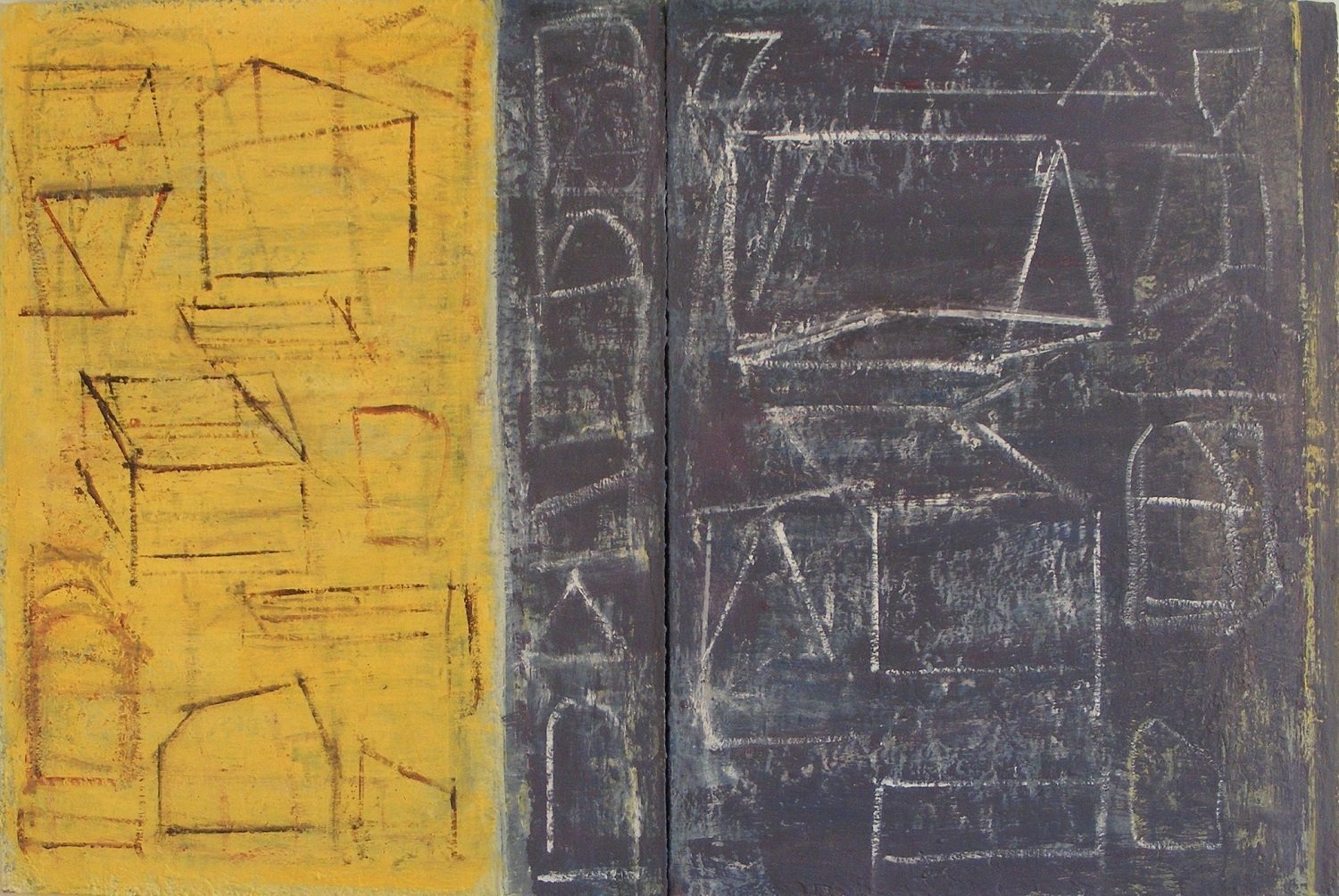  “Back to the Drawing Board” 40” x 60”; Acrylic paint, modelling paste, gel medium on canvas.   &nbsp;$5,000.    There are times when we need to look back to old ways in order to solve a new problem. 