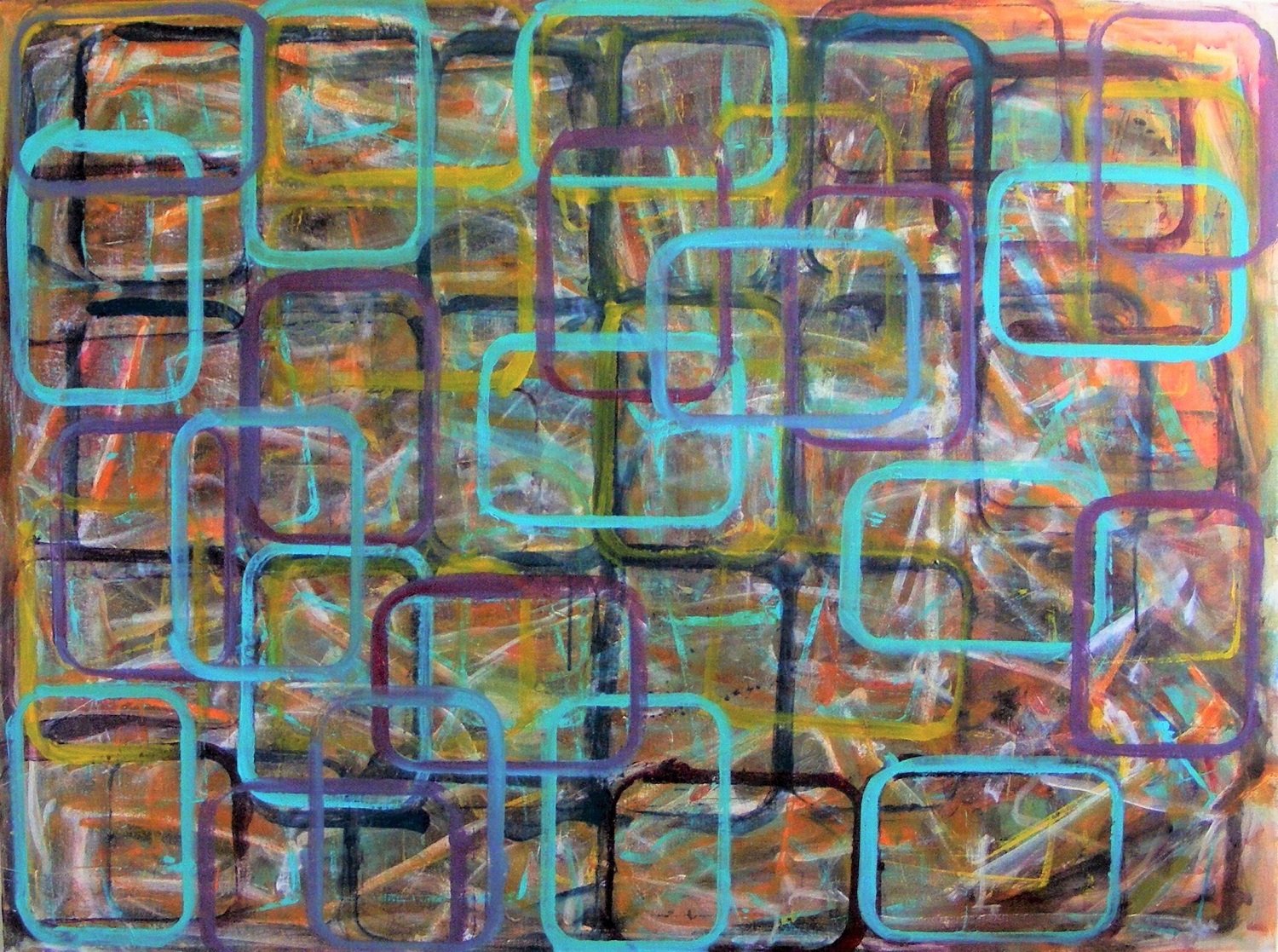  “Edgy” 36” x 48”; Acrylic paint on canvas.    Lots of rectangles that seem to be moving around nervously. 