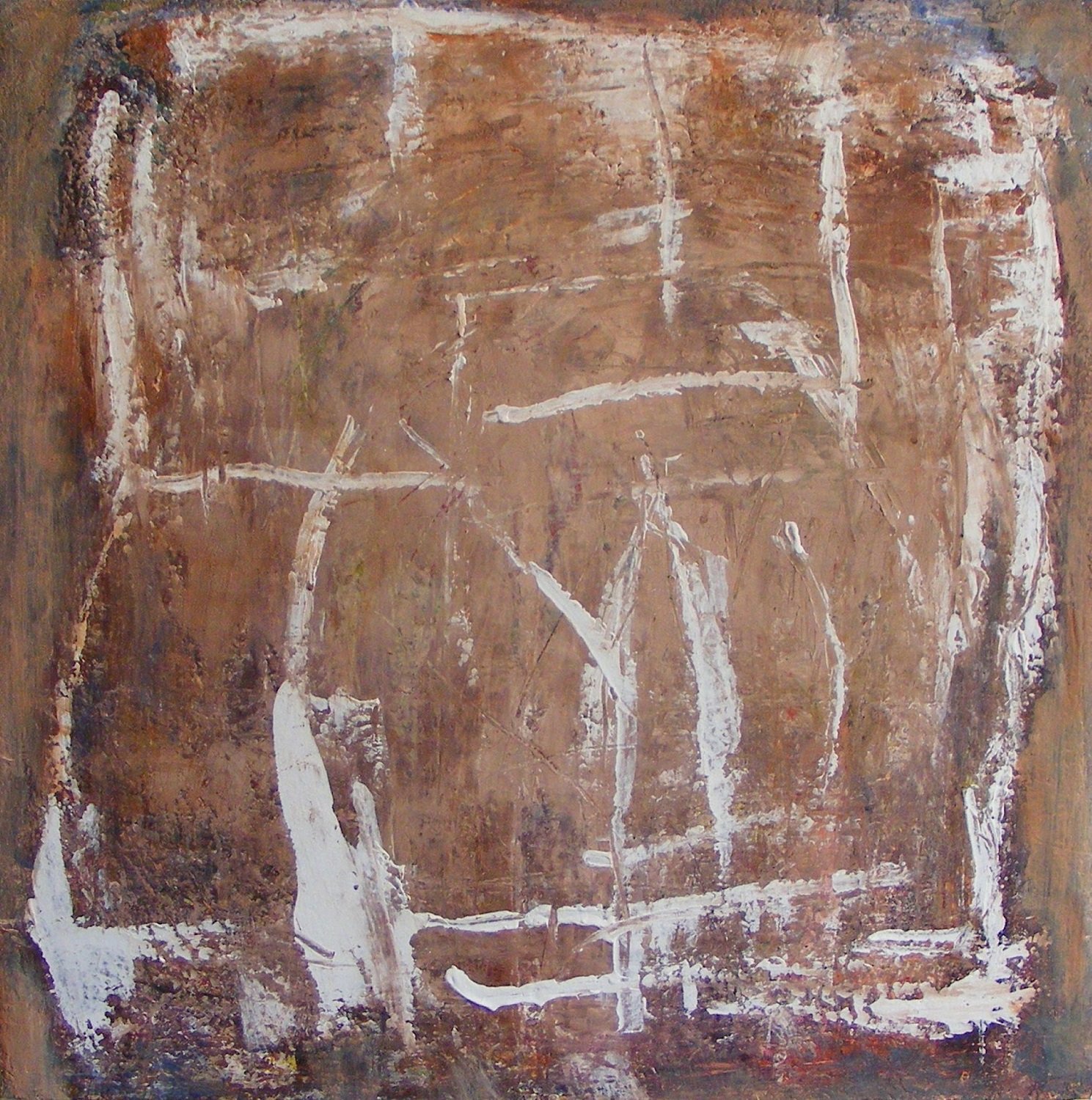  “Cryptic Message”  30 x 30”, acrylic paint, modelling paste, gel medium on canvas.  $750    Appears to be a message of ancient markings on a wall that cannot be deciphered.  