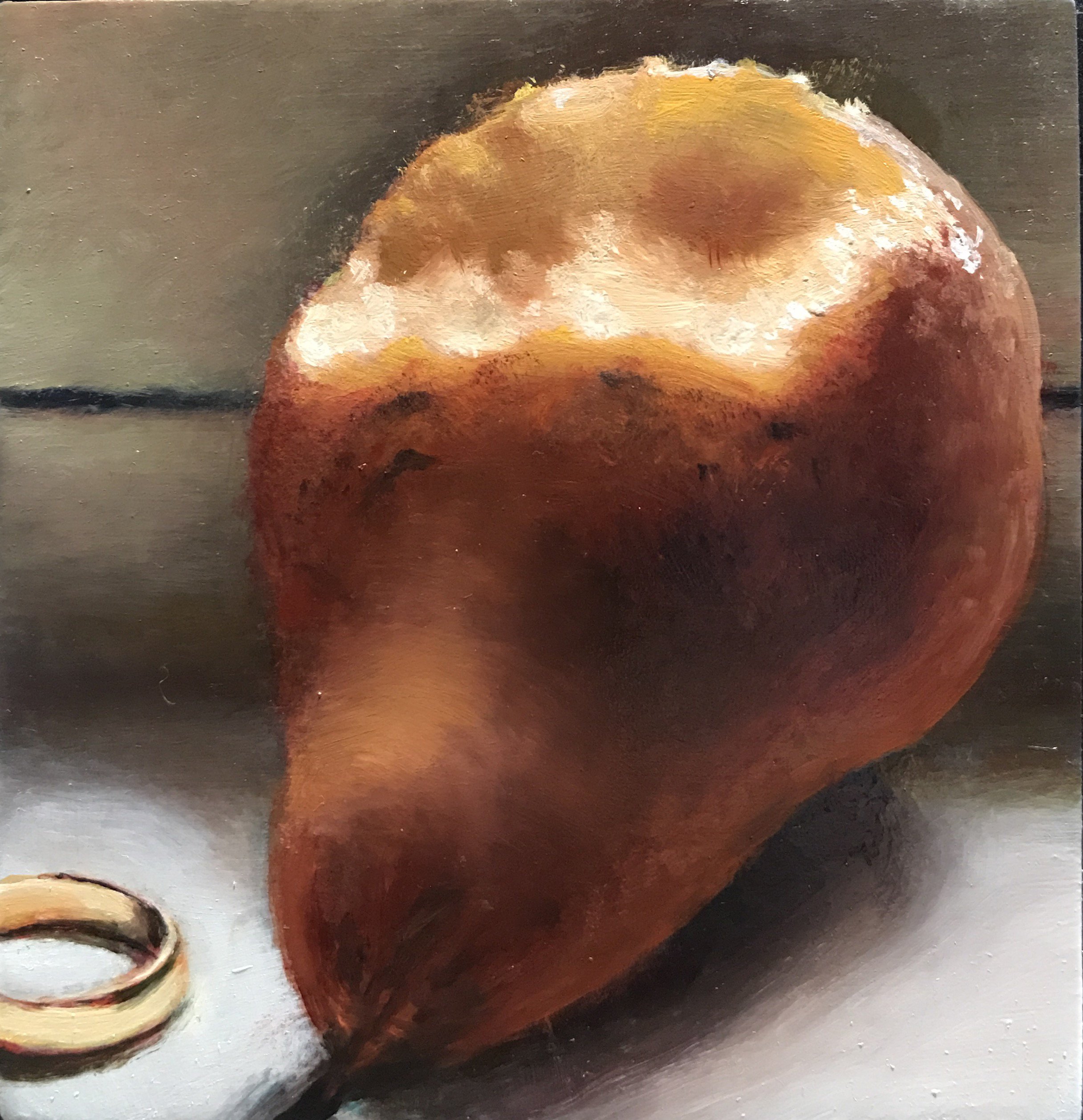 Inevitable No 4”  4” x 4”; Oil on wood   $325.  Half eaten pear and gold ring on a windowsill  
