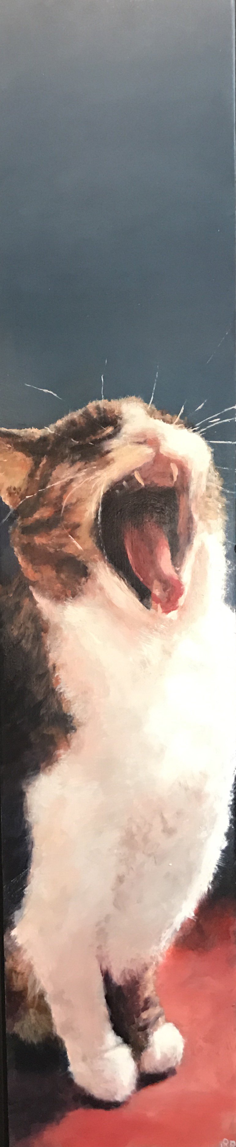  “Anatomy of a Yawn”  5” x 24”; Oil on wood   $725.  &nbsp; Cat sitting with a big tooth yawn  