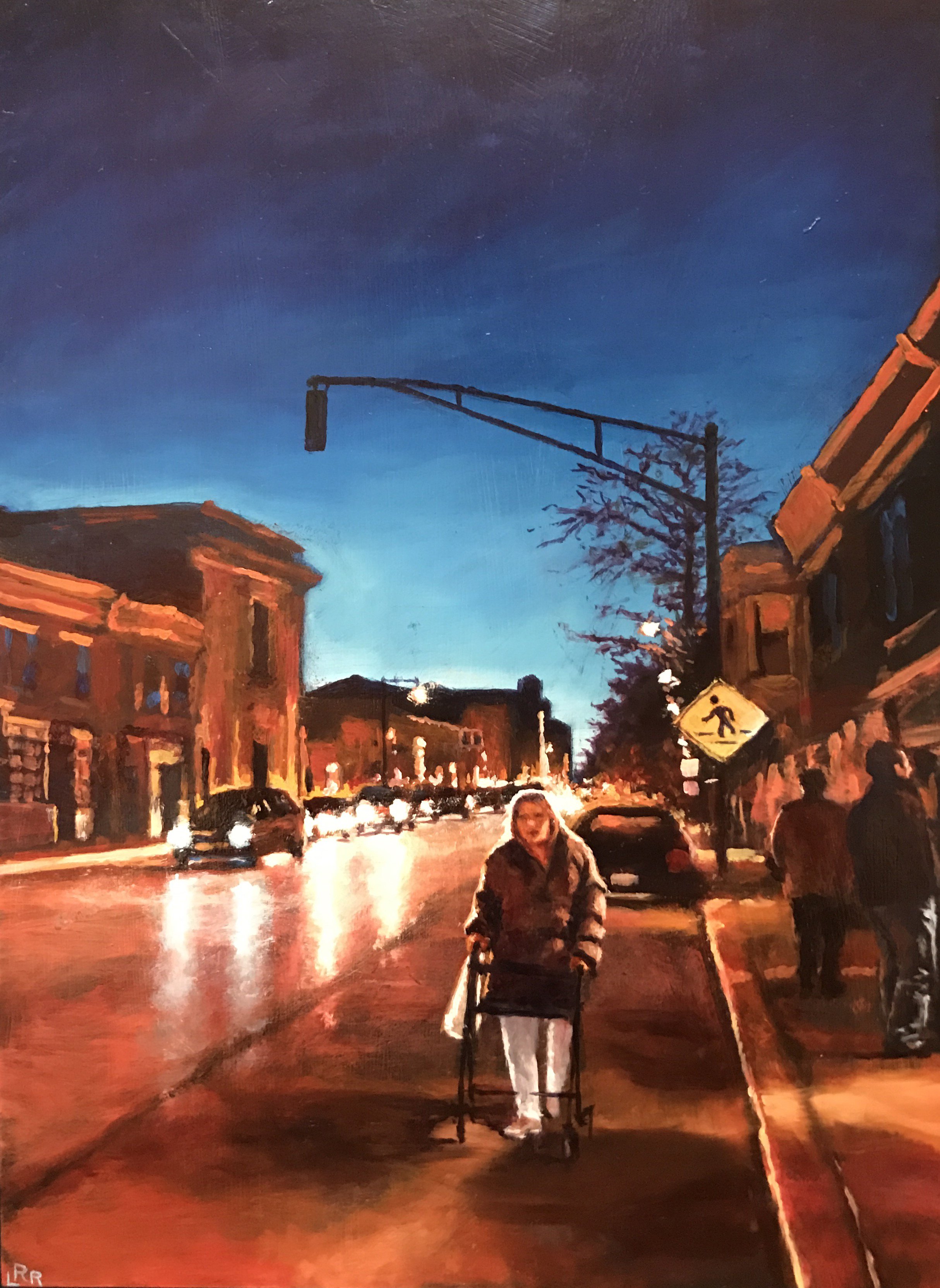  “I will Walk”  12” x 17”;  Oil on wood   $895.   Woman with a walker strolling down a busy evening avenue  