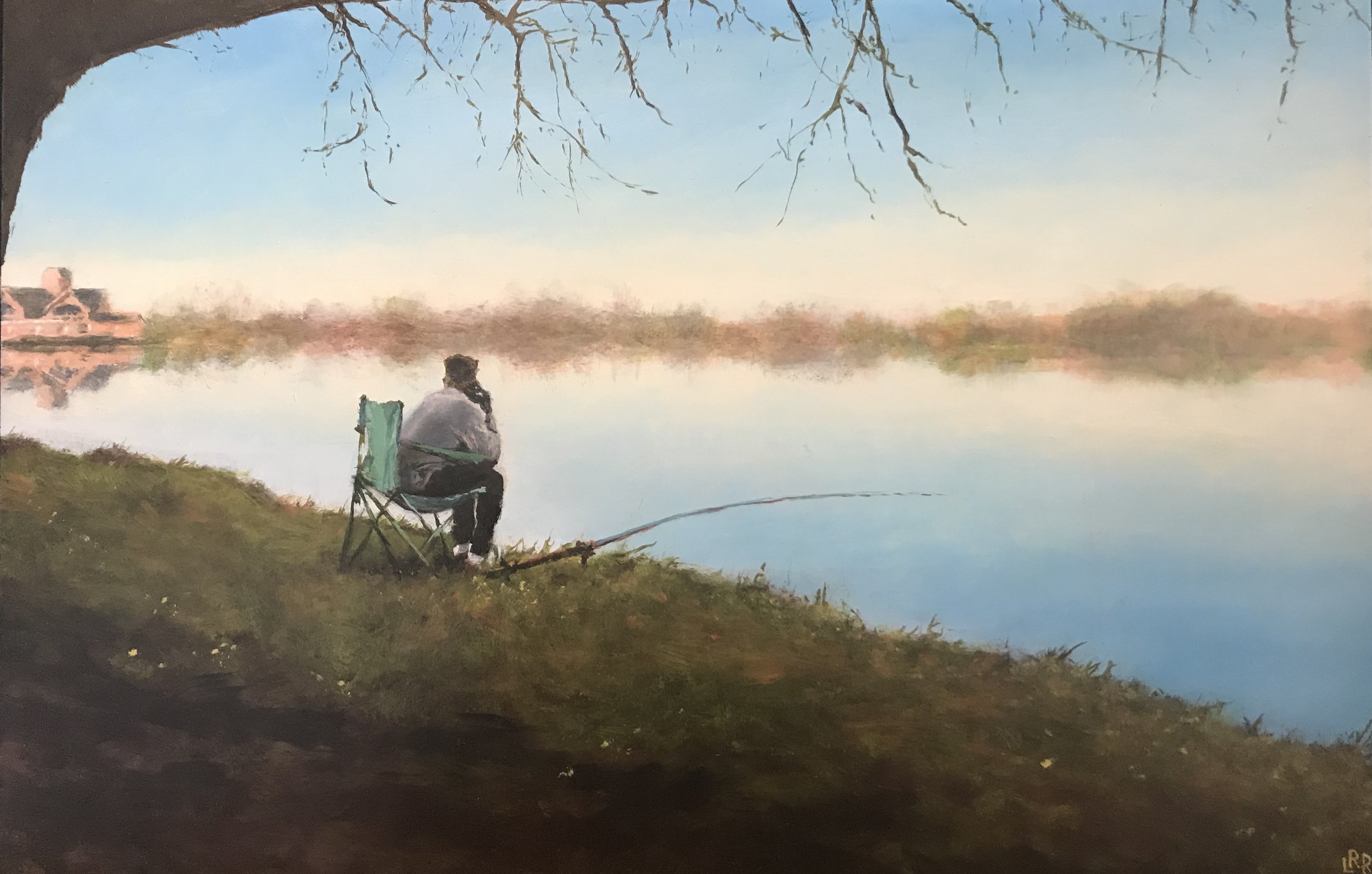  “Waiting for a Connection”  10” x 14”;  Oil on wood  $780.   Young man on his cell phone while fishing at the river's edge  