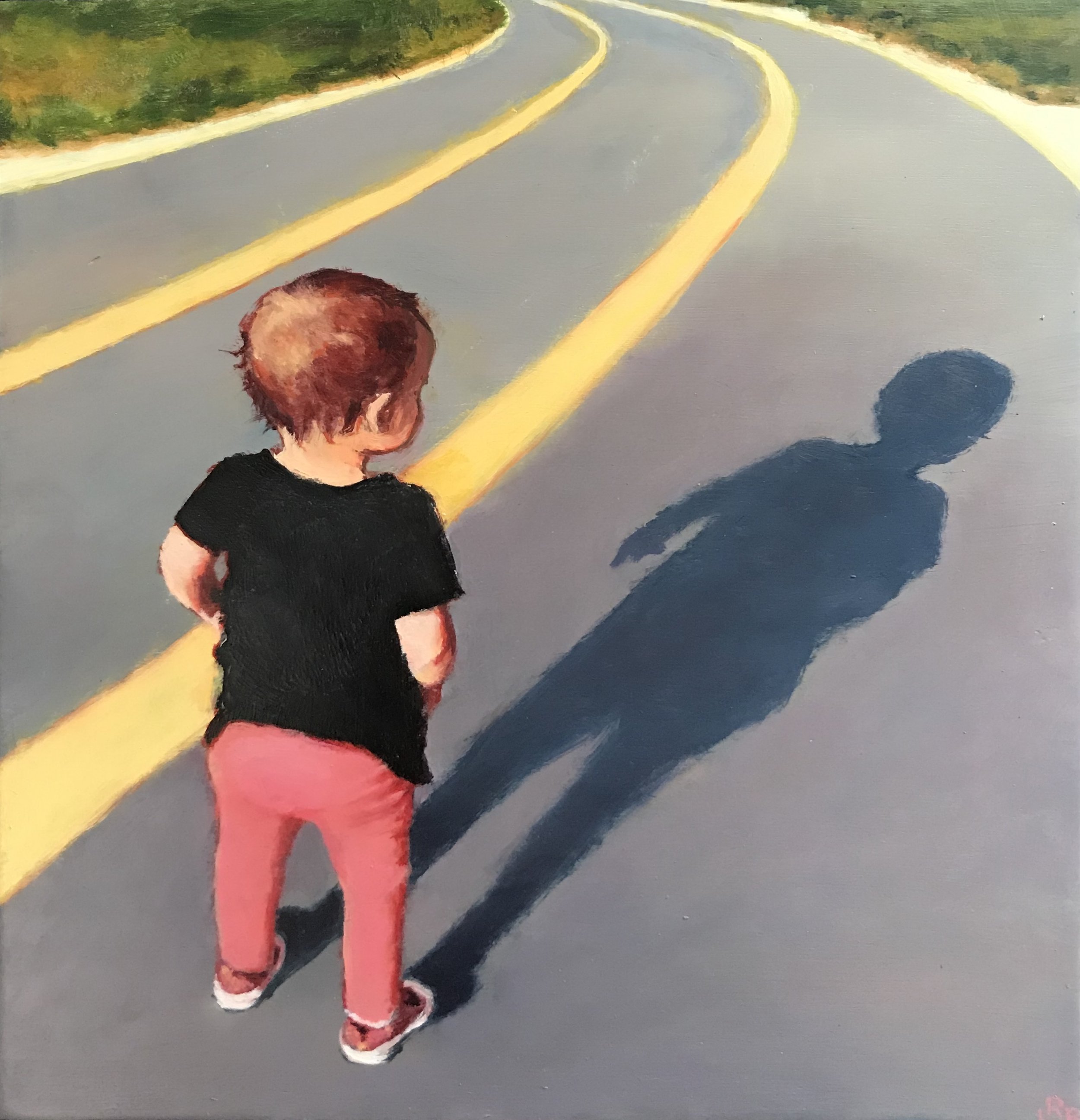  “On Track” 12” x 12”&nbsp;; Oil on wood&nbsp;  $765   Toddler looking at his shadow  