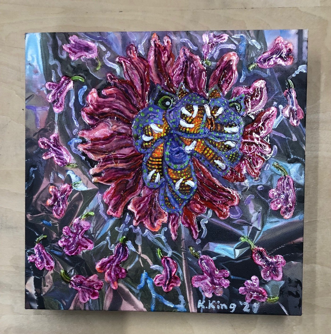   &nbsp;“Explosive Insane Flower Dragon”  8”x8”x1.25”; Oil over Acrylic on Digital Print on Canvas  $400. 