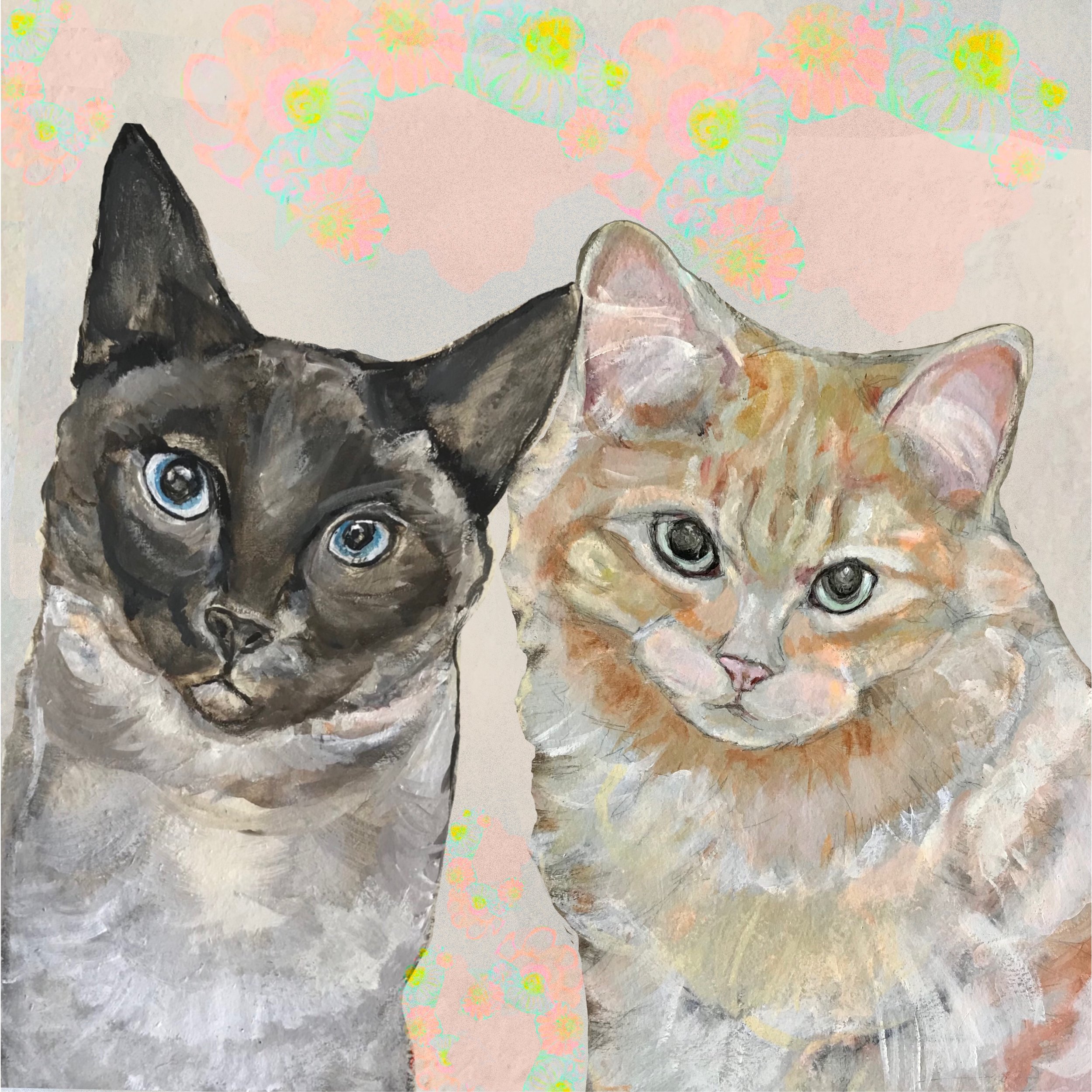  “The Newlyweds” 20”x 20” (22”x22” framed) Giclee print on cotton paper 1 of 2  $600.  Portait of a siamese cat and an orange persion cat. 