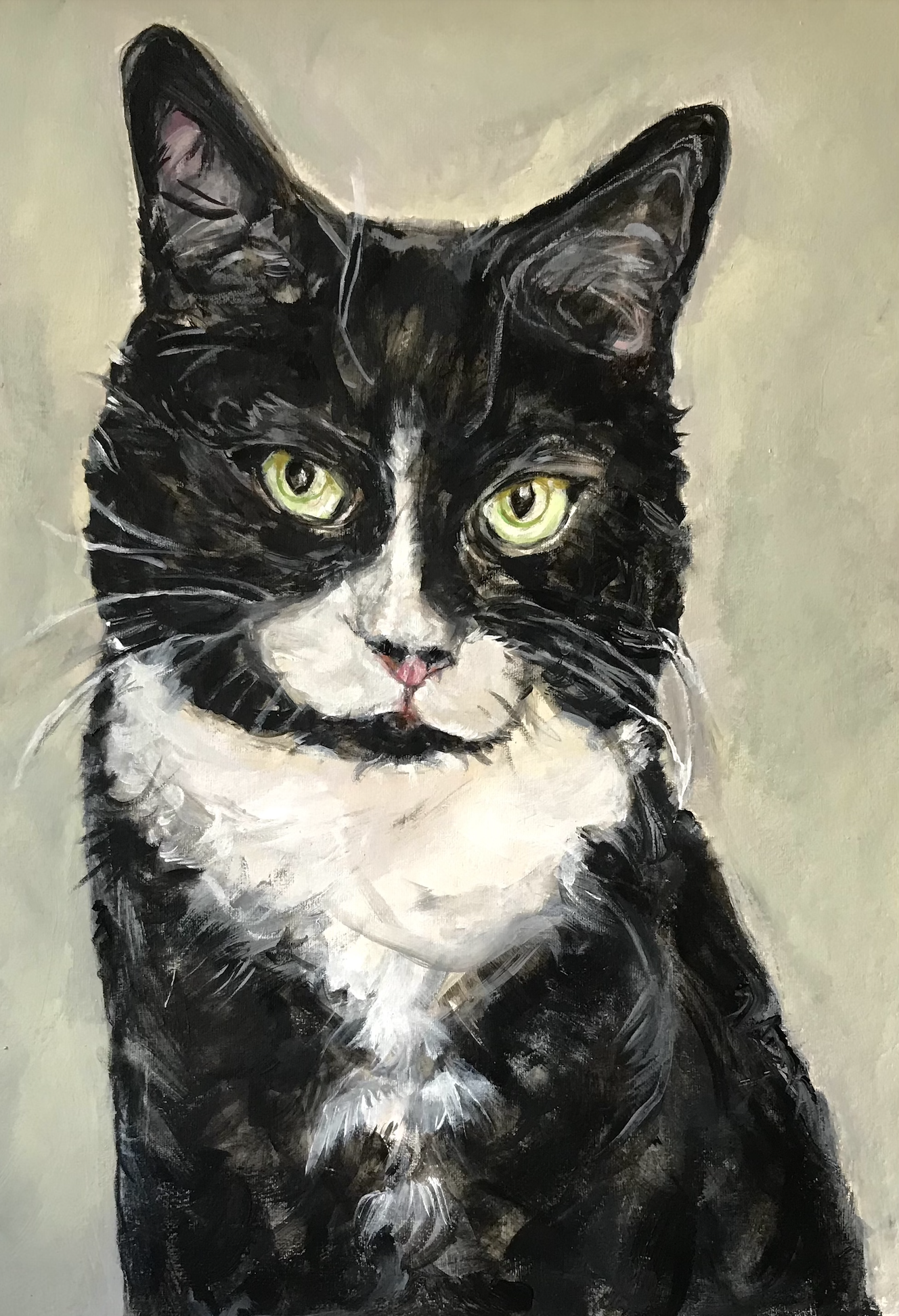 “Lox” Acrylic and gouache painting on Arches’ 18” x 12” $600.  Portrait of a moody tuxedo cat who lives in NYC 
