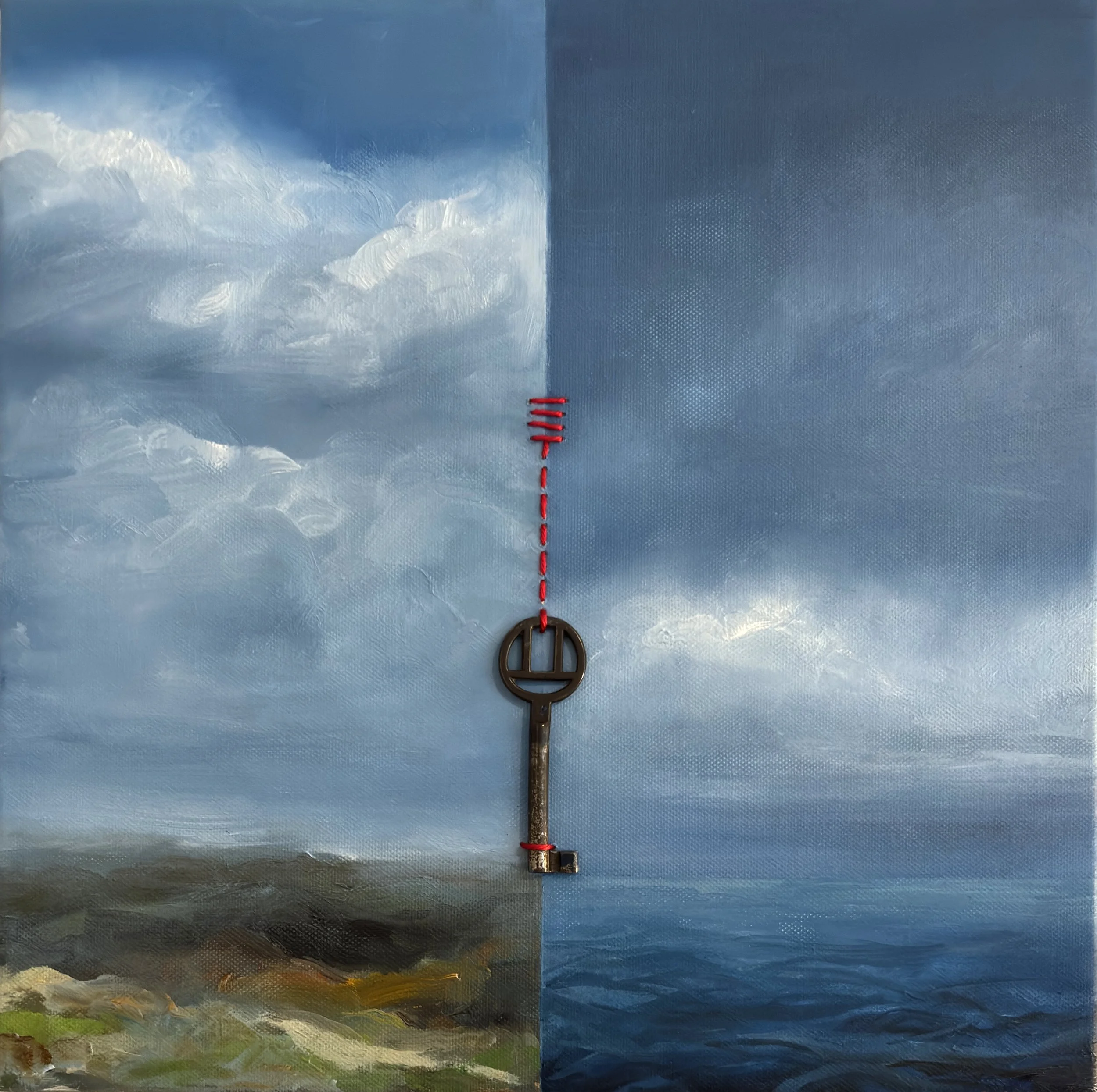 "Chiave (key)", Sue Rollins, oil on recycled canvas, antique key, bamboo twine, 12" x 12", (13 x 13 framed), 2025