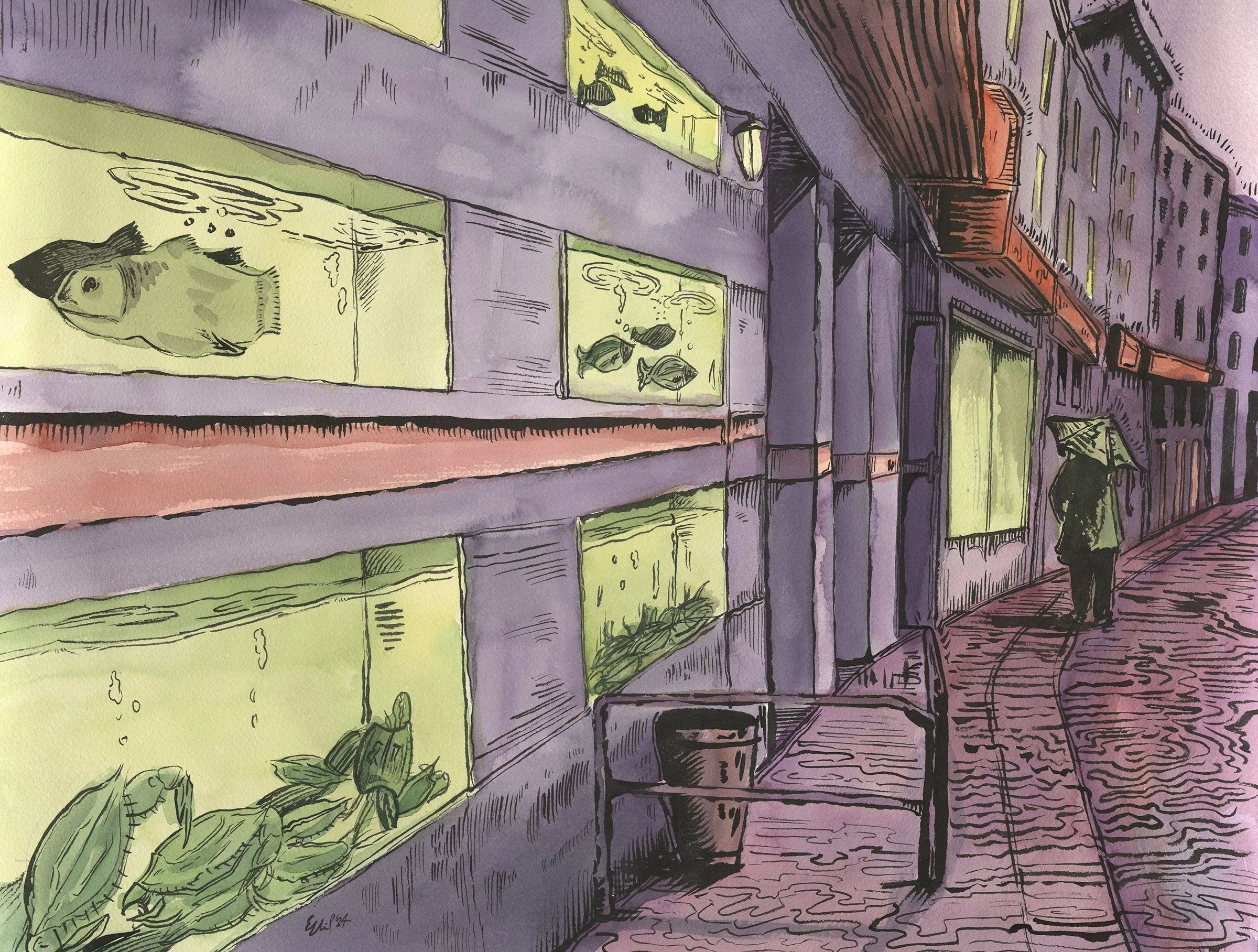 Fish in the Wall, Chinatown NYC Eli Portman Brush and Ink, Watercolor on Paper 22.5 x 18 in. 2024