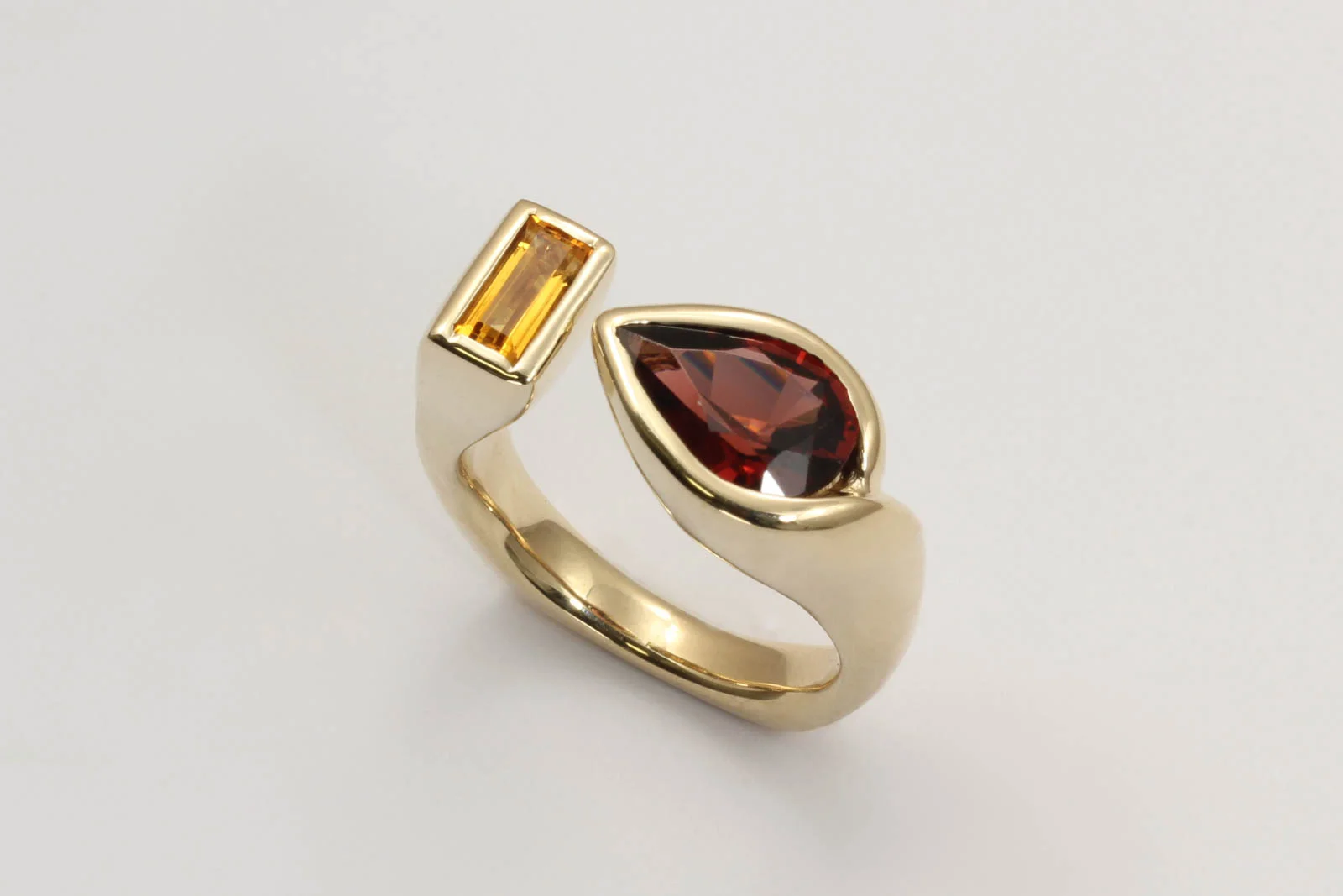 Assymetrical Citrine and Garnet Ring