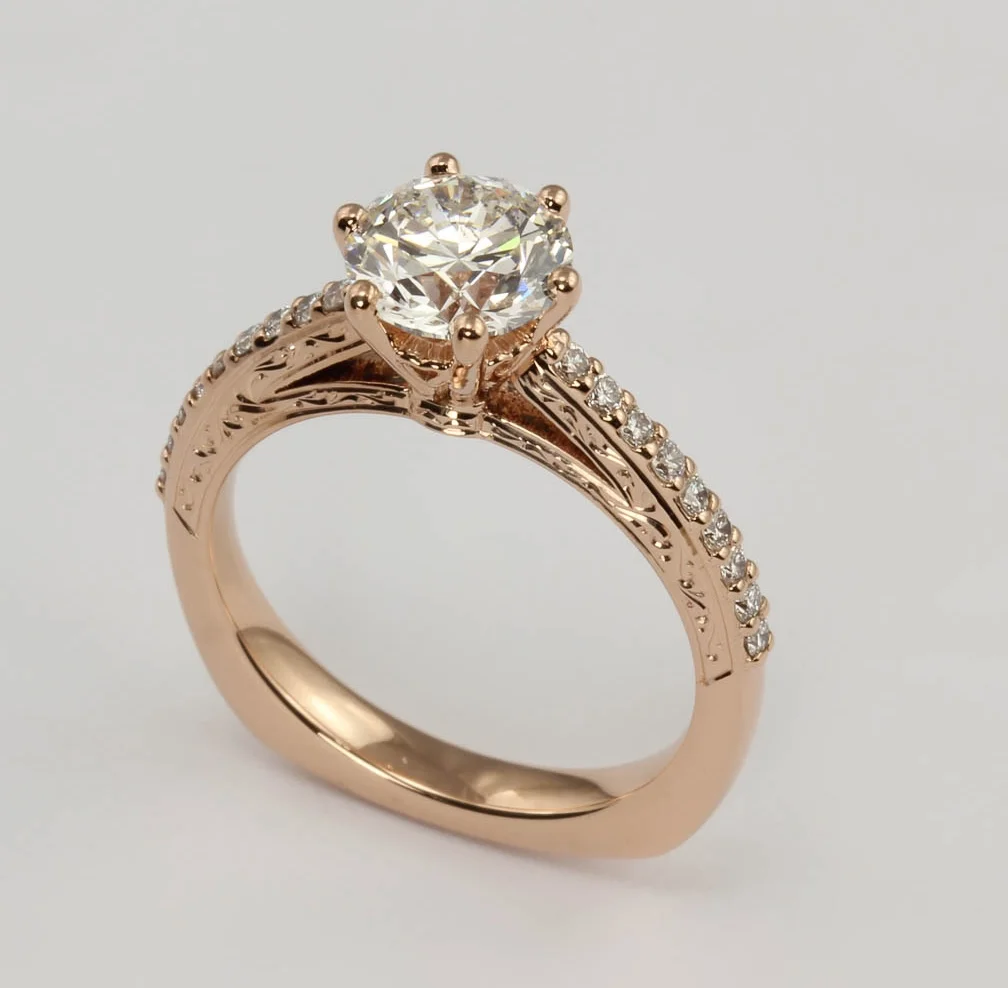 Rose Gold Engraved Diamond Engagement Ring