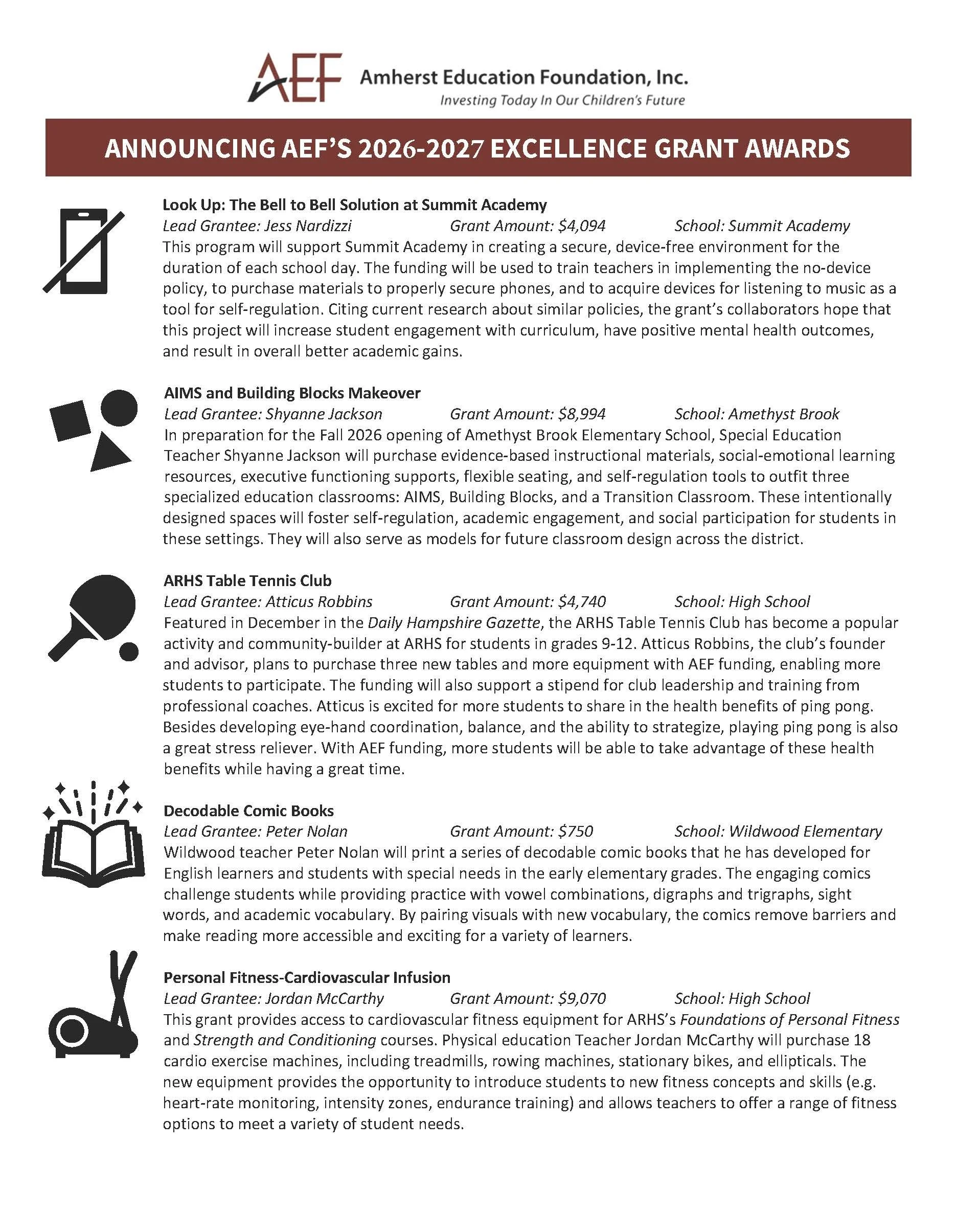 A description of the 2026-27 Excellence Grant Award recipients.