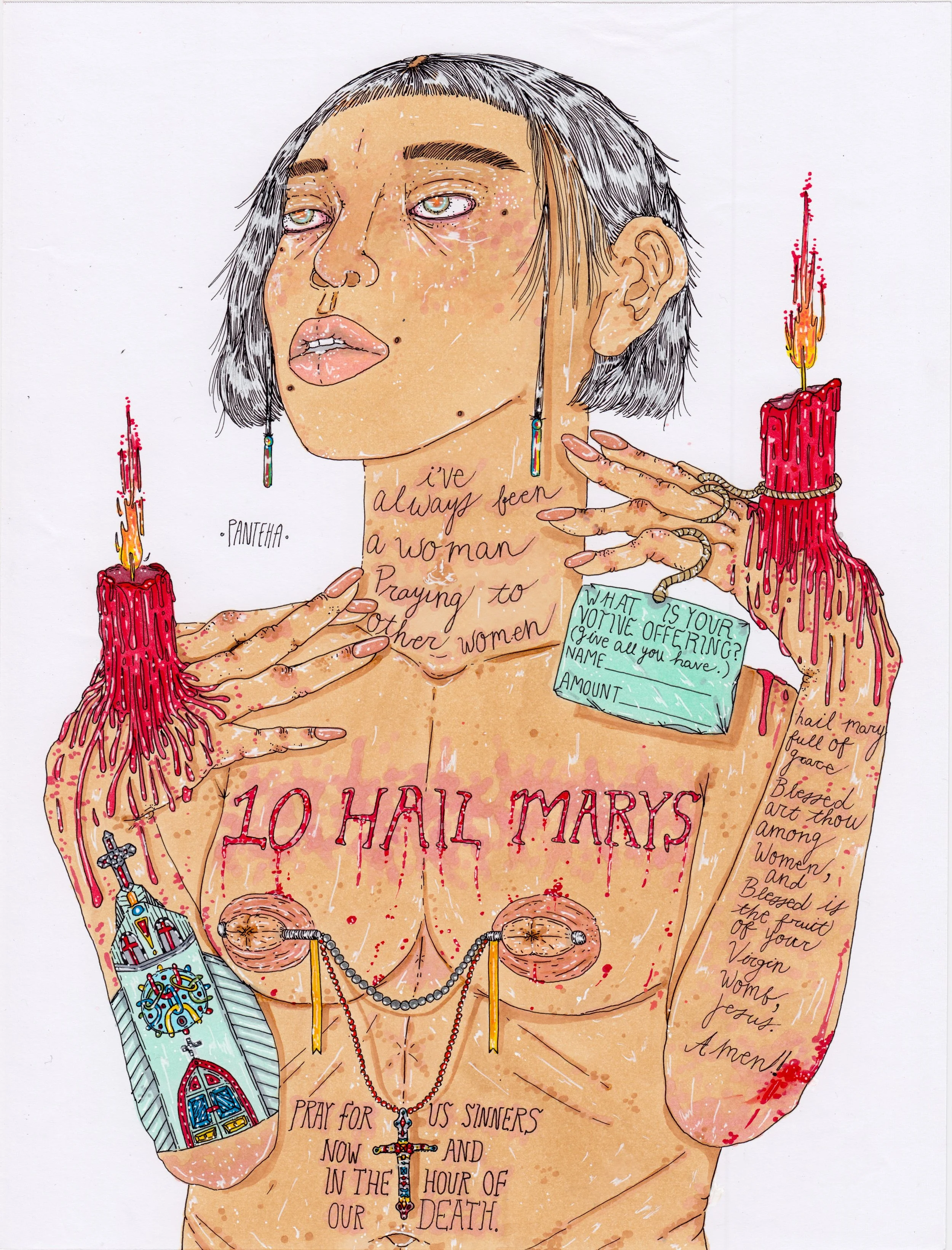 Panteha Abareshi is an illustrator and artist focused on making pieces that accurately capture the realities of mental illness, specifically depression and anxiety. The girls she draws represent struggle, and confusion but they also epitomize strength. There is strength in vulnerability, there is power is admitting that you are broken down. The girls she draws don’t need anyone, they don’t want anyone. They are strong and standing alone.They’re not phased by broken bones, or blood gushing from their wounds. The things that she draws, like knives and roses through the neck, bloody noses…these are tangible, obviously painful things that are impossible to miss. These are, to Panteha, physical embodiments of what depression feels like. Her work also expresses her rejection of all modern notions of romance. Her artwork is a direct expression of her beliefs that the way young people, especially girls, are taught to value, prioritize and derive happiness from “love” is damaging and wrong. She struggles with the societal standards for romance, love and sex constantly, and express that in her work because she wants to normalize the notion of women/people not craving intimacy. She also aims to draw primarily Women of Color because it is vitally important to her to depict WOC with mental illness, WOC who are not driven by romantic or sexual desires, and just WOC as the focal pieces because it’s important that people of color in contemporary illustration and art be normalized. She also works in pattern design, creating patterns inspired by her love of cell structure, and her own sickle cell thalassemia.