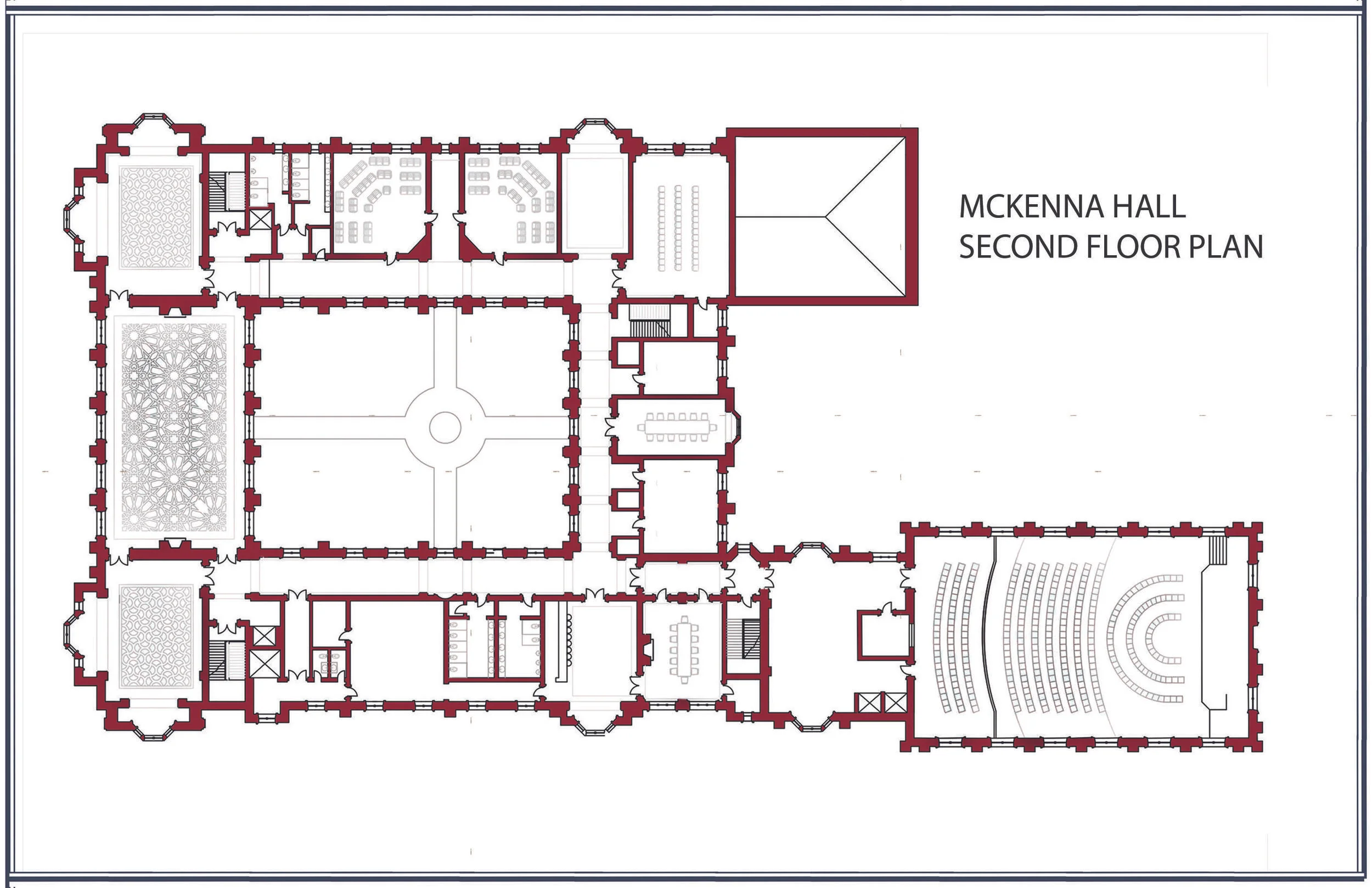 The second floor plan features a ballroom, a bar, and the “oak room” (which pays tribute to the oak room in a well known building on campus.